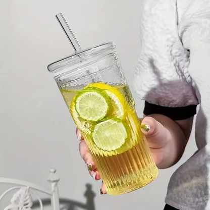 Vaso Vidrio con Bombilla y Tapa Perlado 500ml