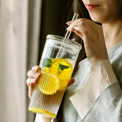 Vaso Vidrio con Bombilla y Tapa Perlado 500ml