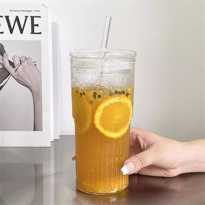 Vaso Vidrio con Bombilla y Tapa Perlado 500ml