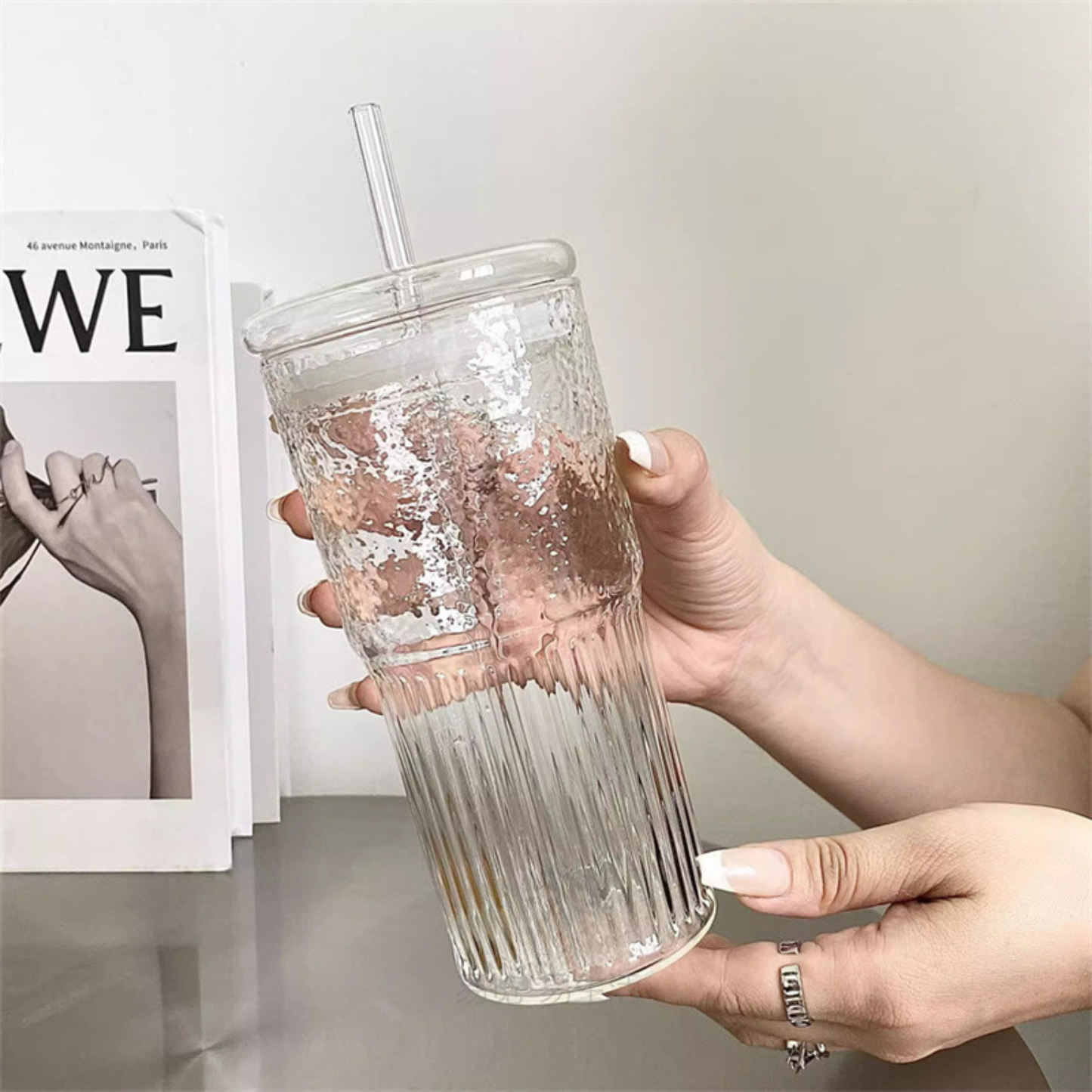 Vaso Vidrio con Bombilla y Tapa Perlado 500ml