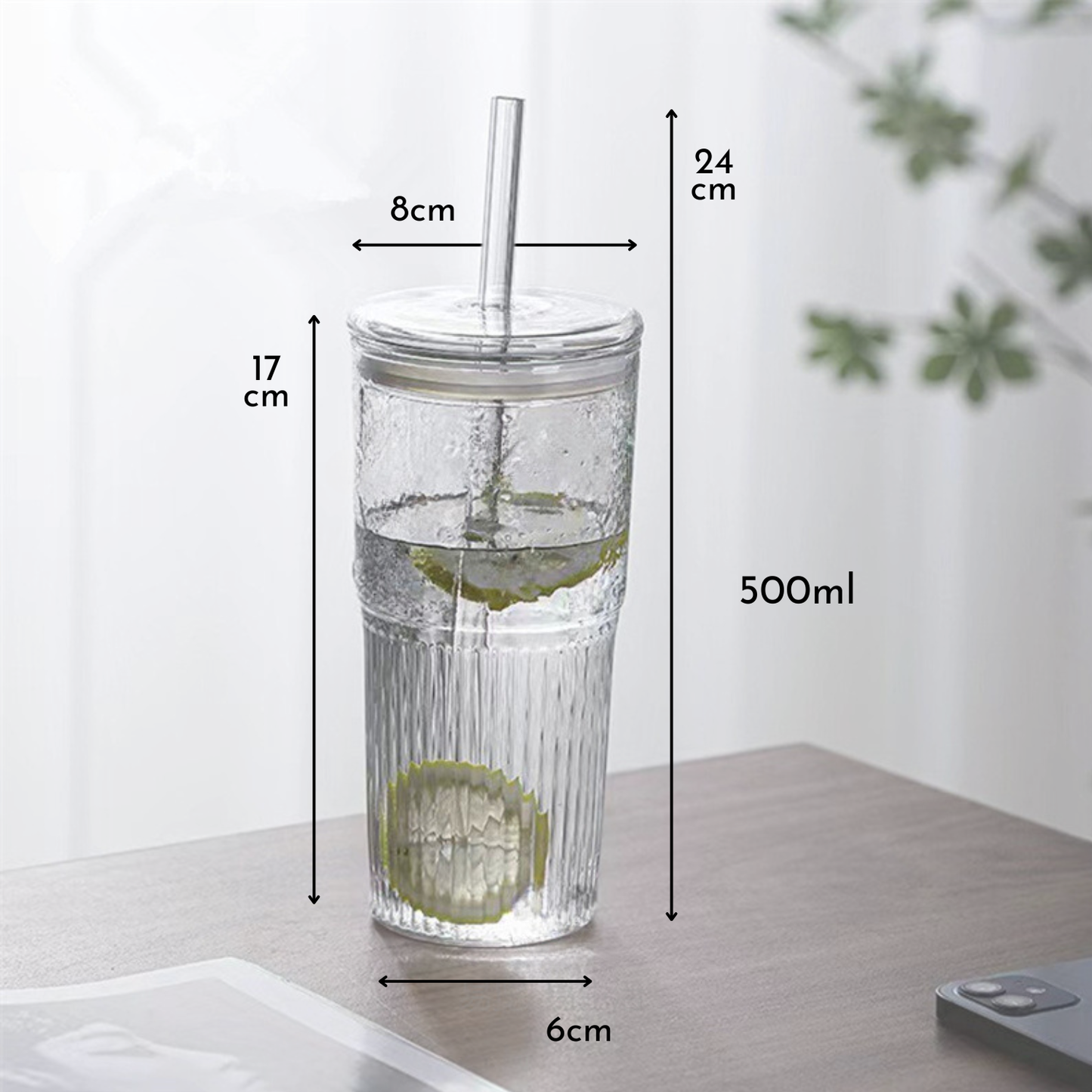 Vaso Vidrio con Bombilla y Tapa Perlado 500ml