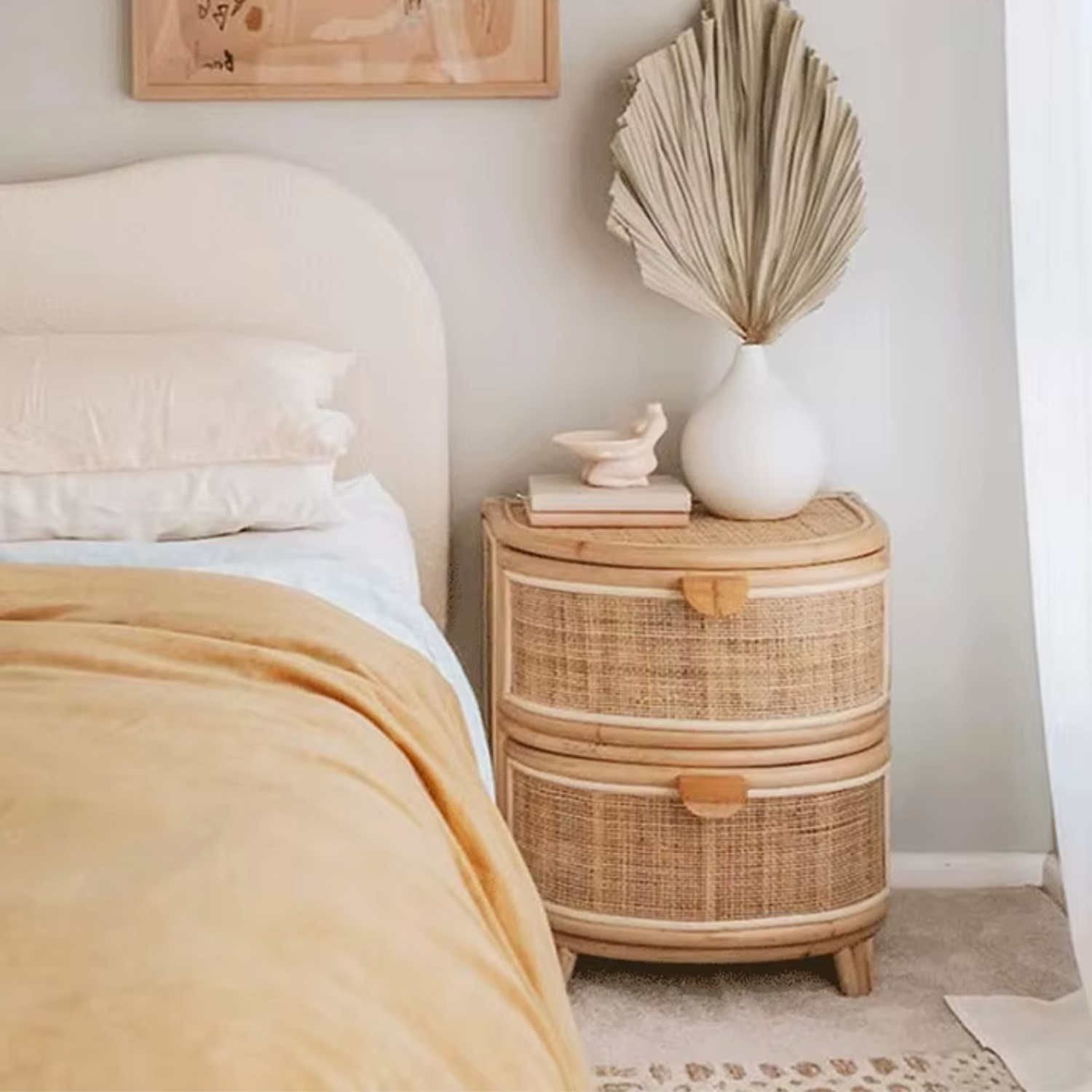 Velador Mesa de Noche Rattan Cajones Estilo Mimbre