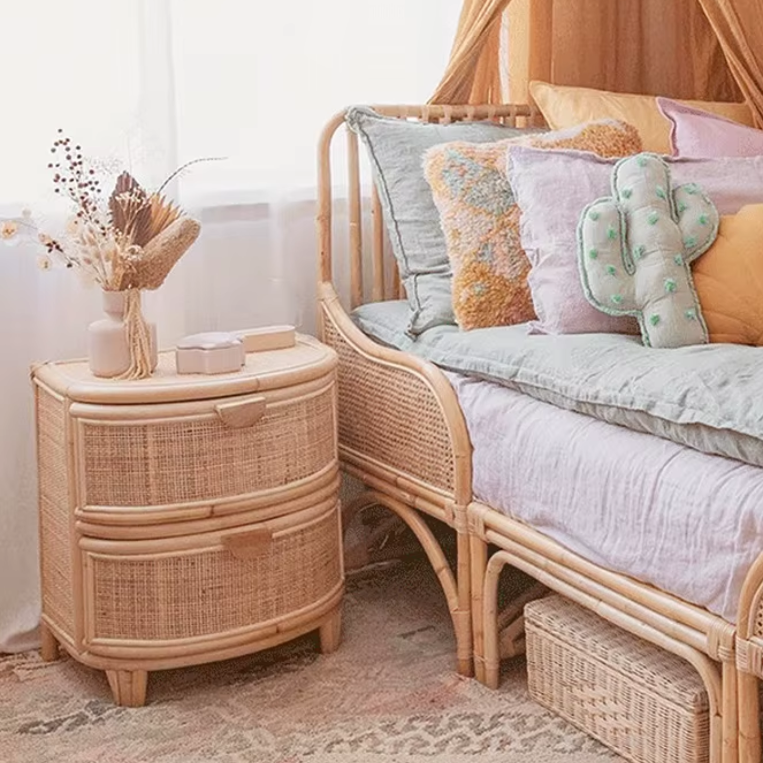 Velador Mesa de Noche Rattan Cajones Estilo Mimbre