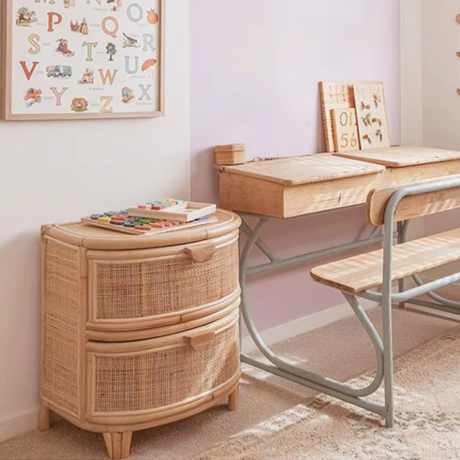 Velador Mesa de Noche Rattan Cajones Estilo Mimbre