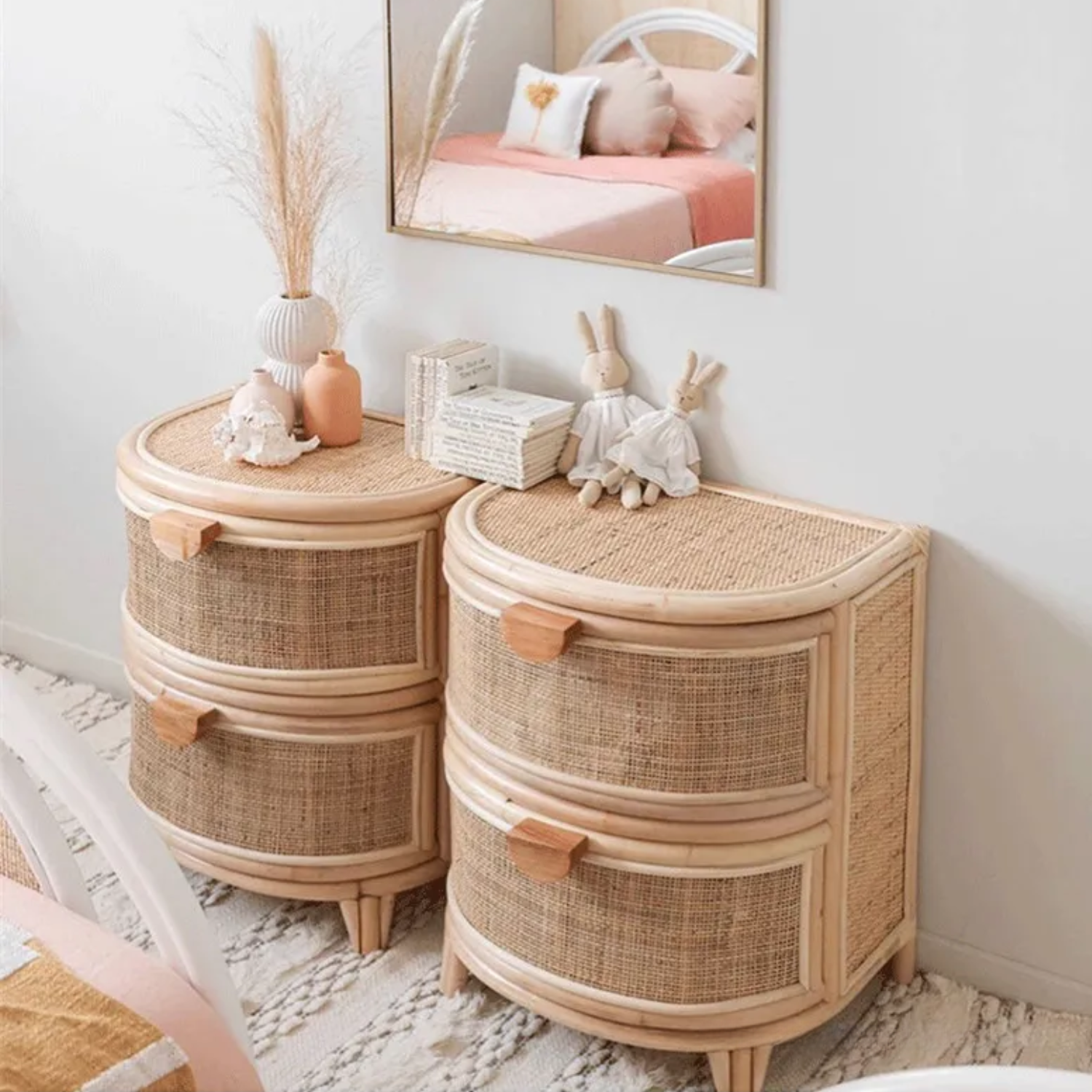 Velador Mesa de Noche Rattan Cajones Estilo Mimbre