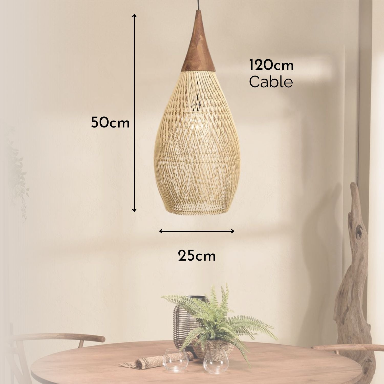 Lámpara Colgante Rattan Claro Gota 25cm