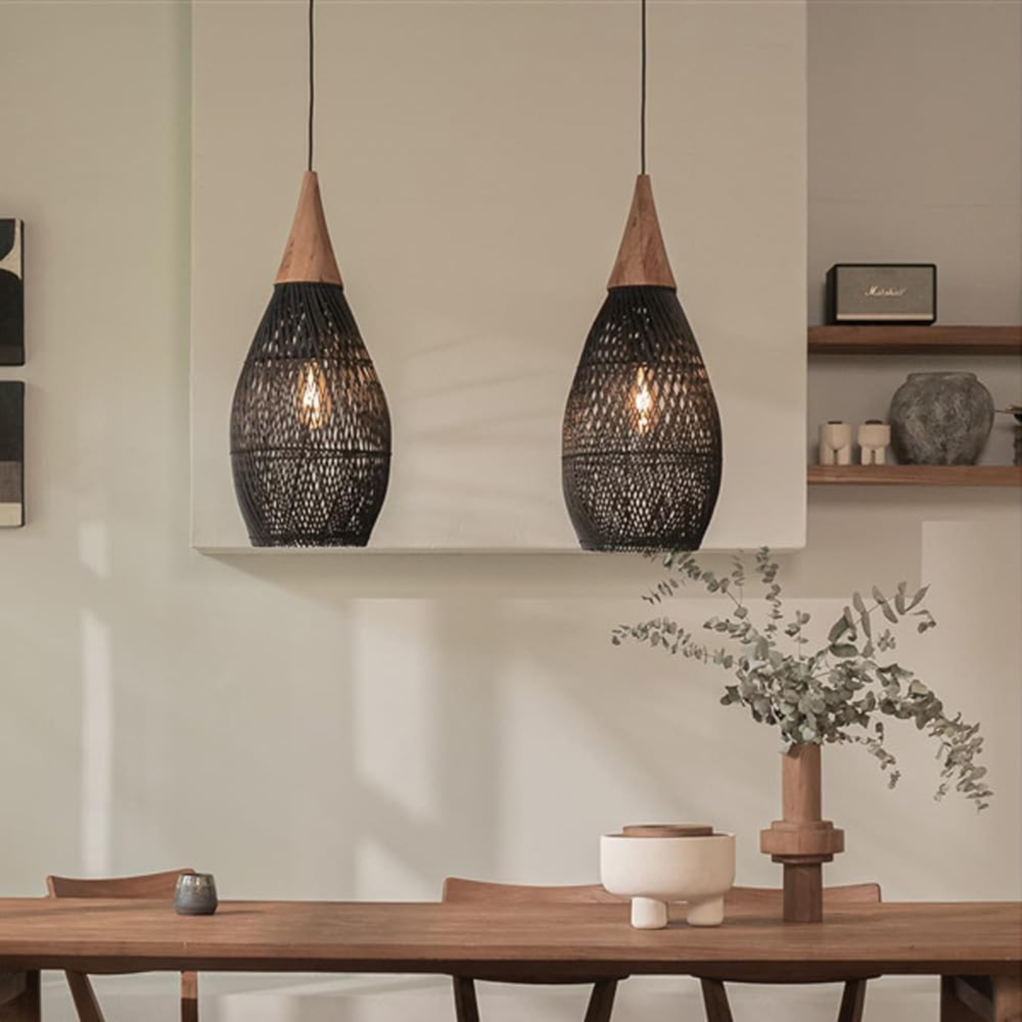 Lampara Colgante Rattan Negro Gota 25cm