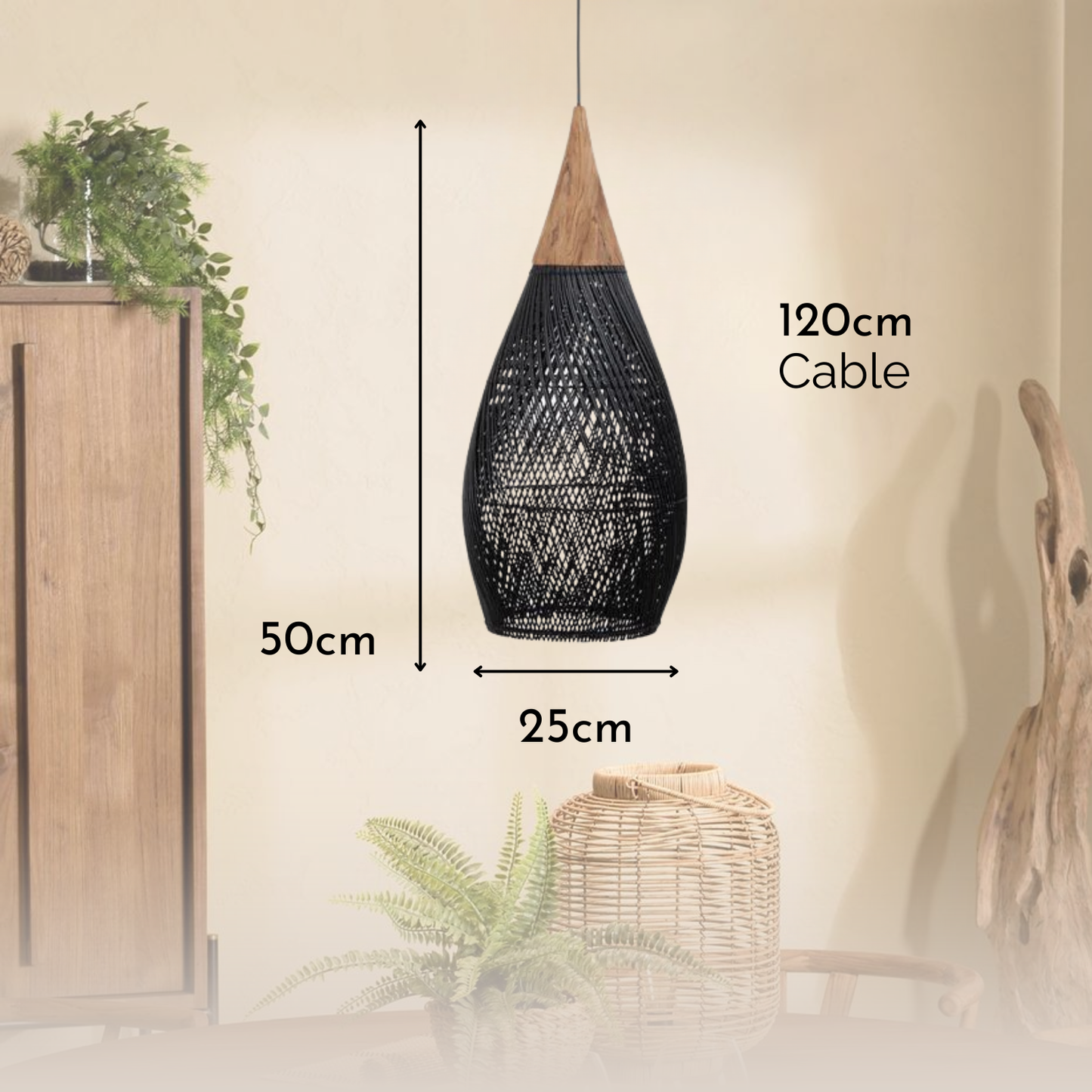 Lampara Colgante Rattan Negro Gota 25cm
