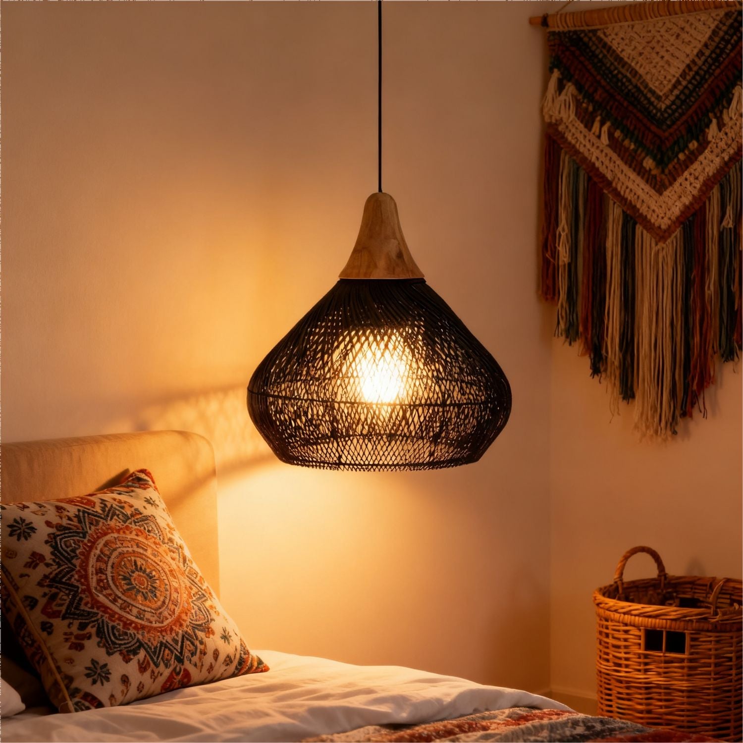 Lámpara Colgante Rattan Claro Negro Duna 50cm