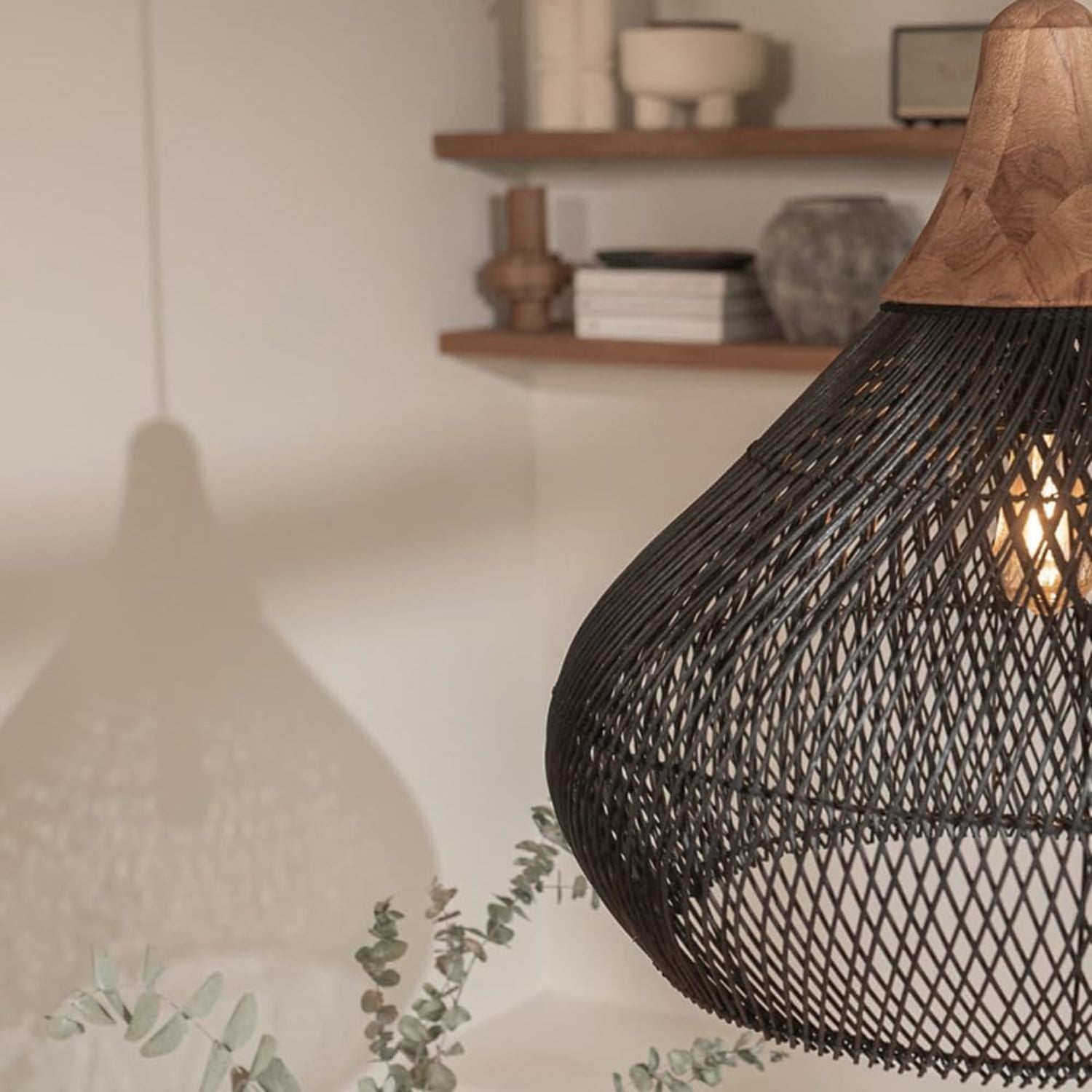 Lámpara Colgante Rattan Claro Negro Duna 50cm