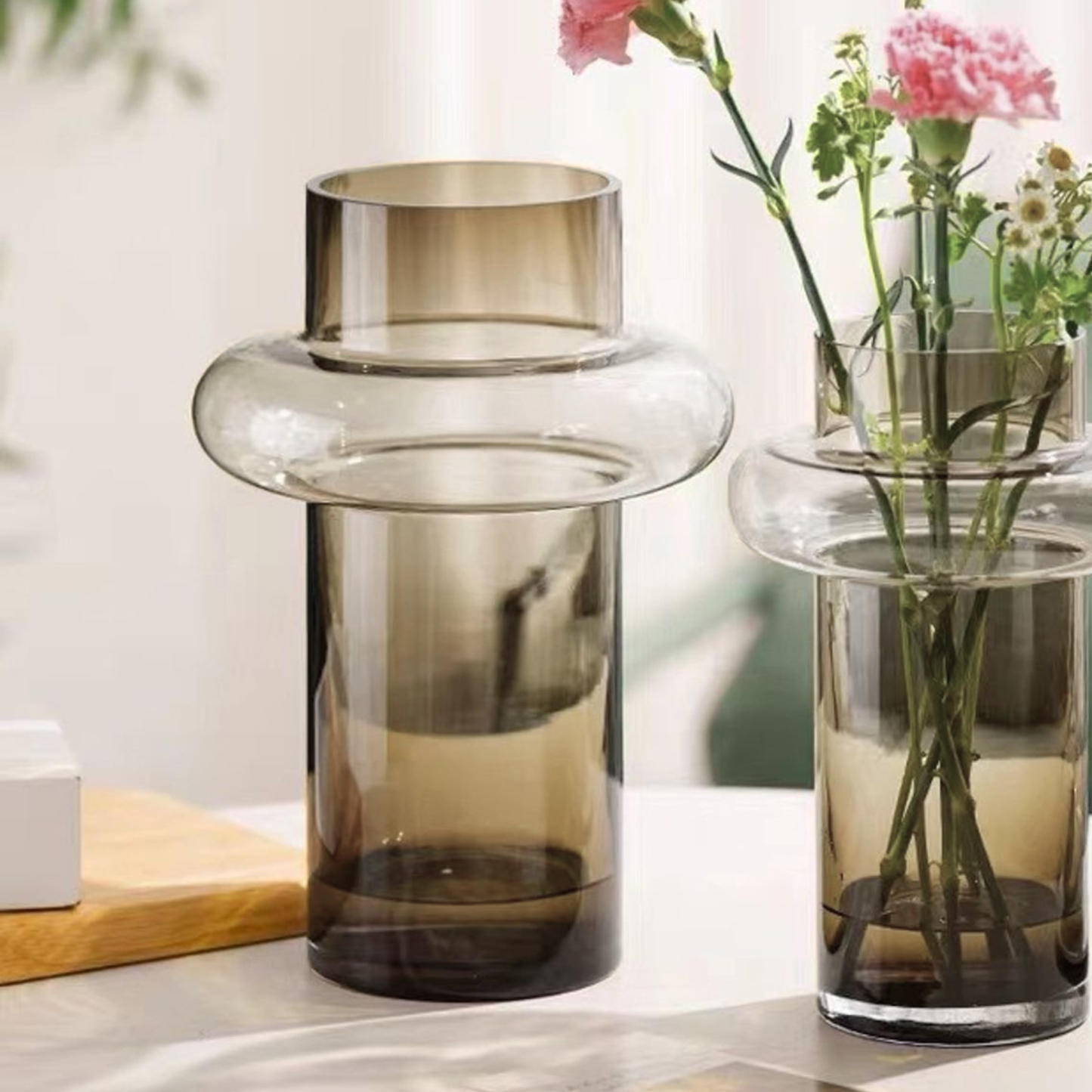 PREVENTA - Florero de Vidrio Anillo Ambar Gastado Figura Deco