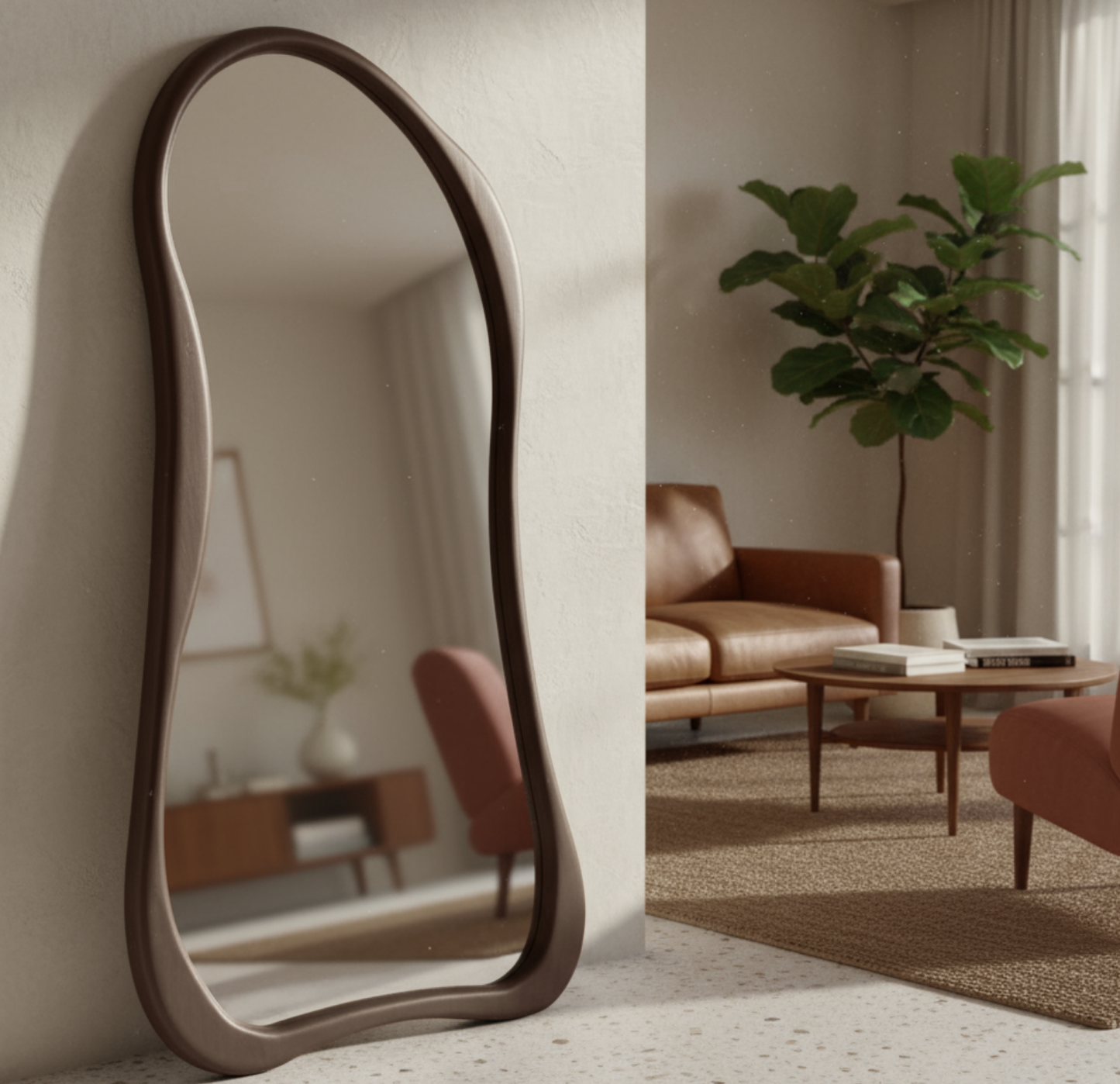 Espejo Asimetrico Cuerpo Entero Madera Color Cacao 180X80cm