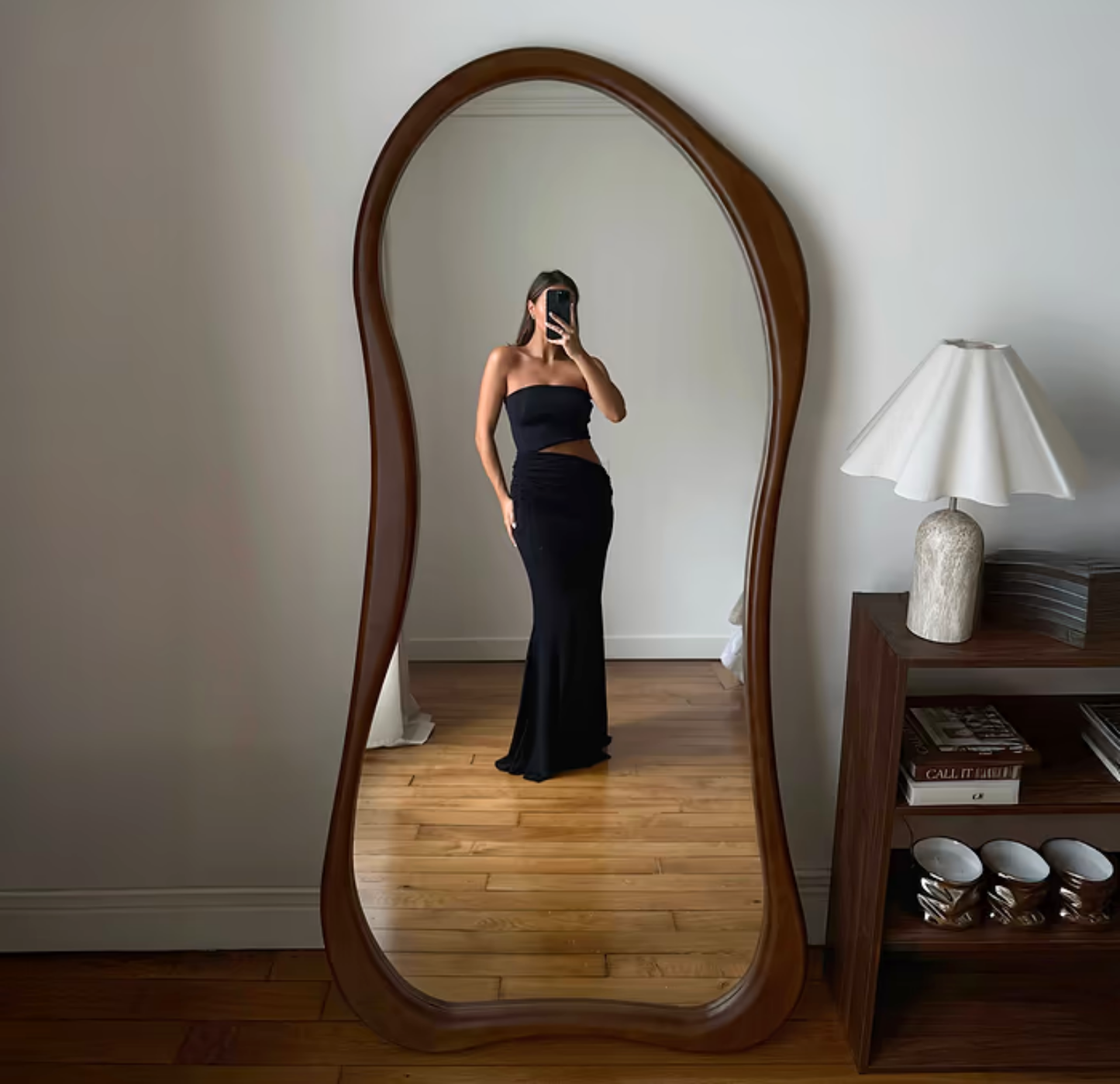 Espejo Asimetrico Cuerpo Entero Madera Color Cacao 180X80cm