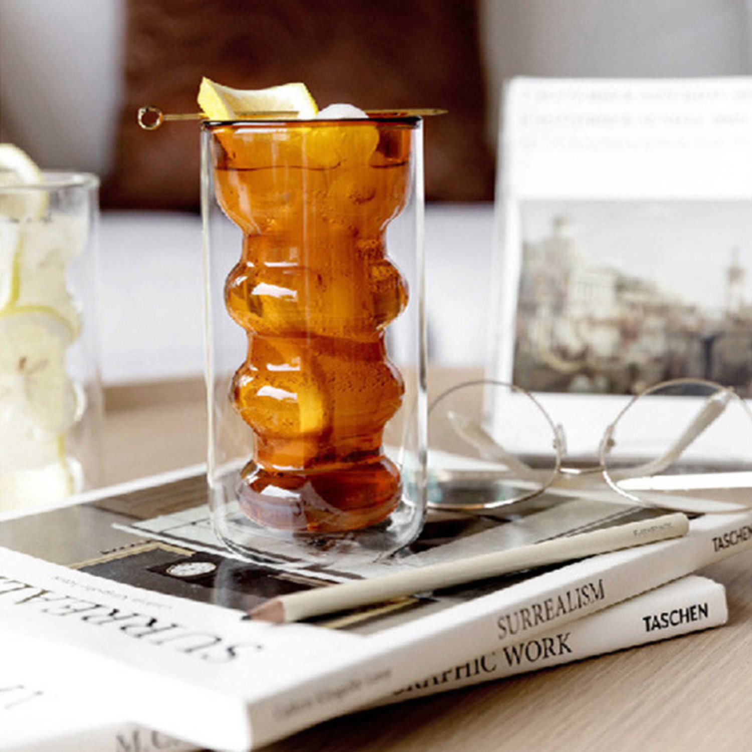 Set 4 Vasos Vidrio Doble Fondo Ondas Alto