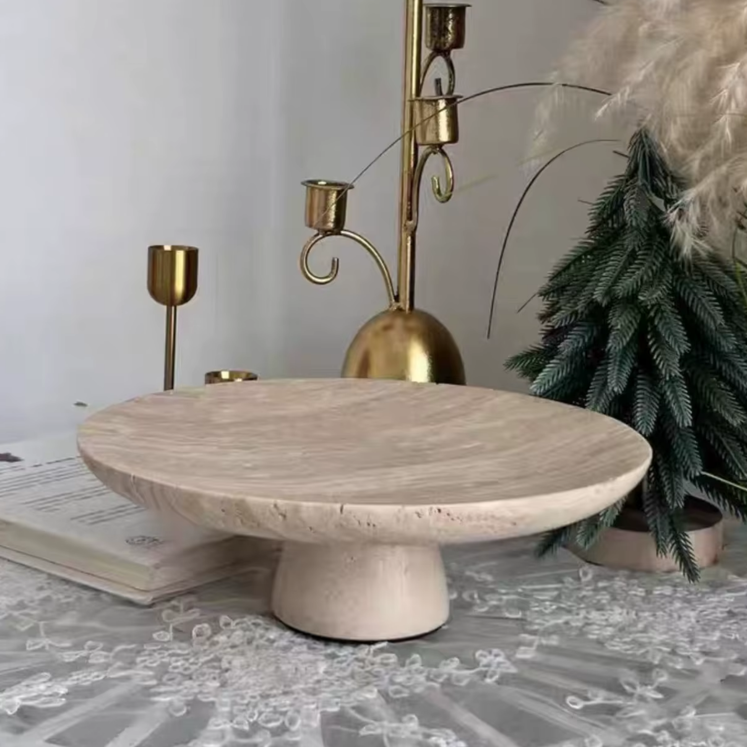 Bandeja Elevada Plato Redondo Travertino