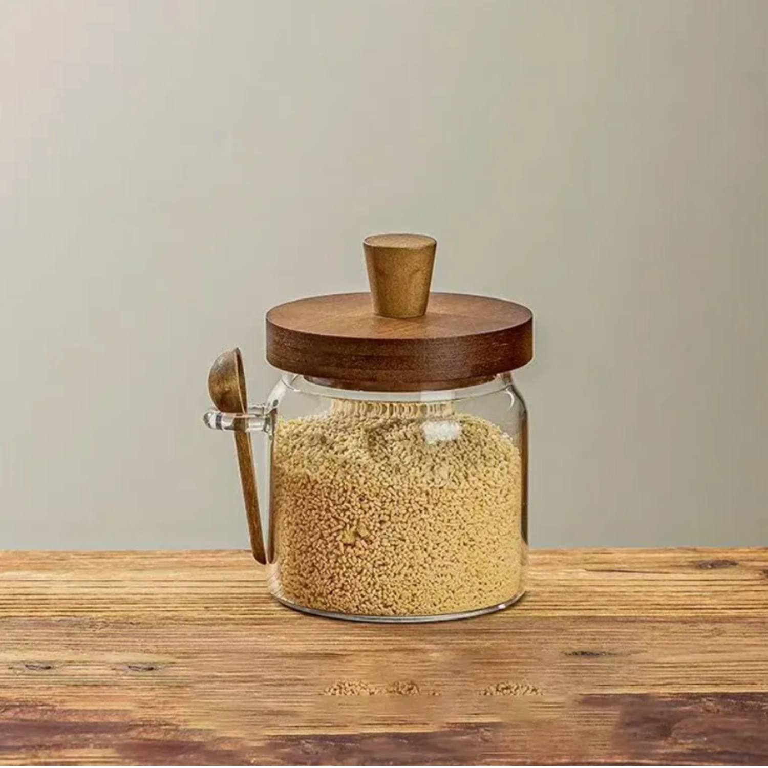 Contenedores de Vidrio Tapa Madera y Cucharita 3un