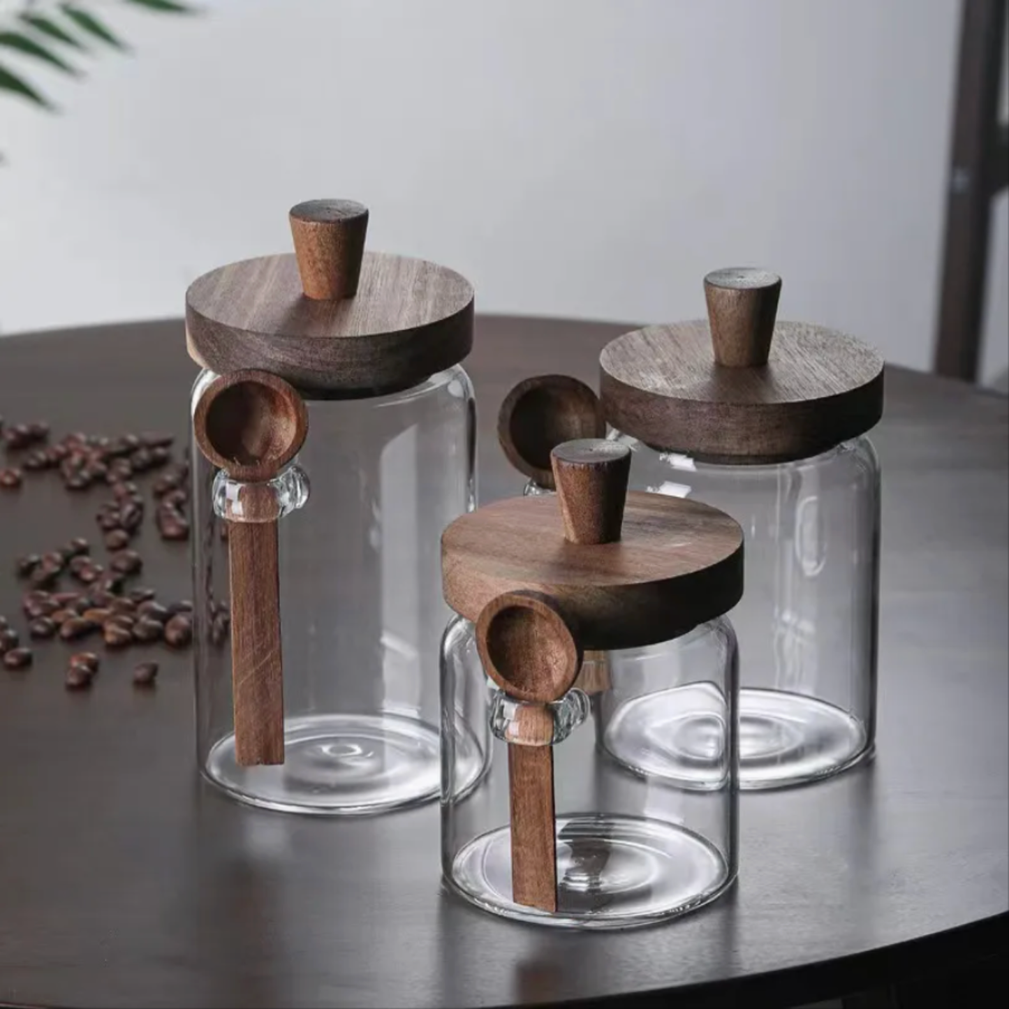 PREVENTA - Contenedores de Vidrio Tapa Madera y Cucharita 3un