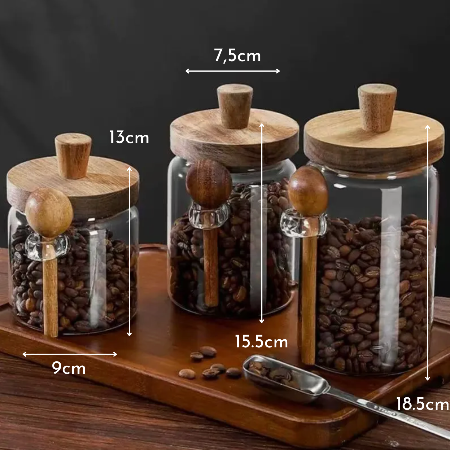 Contenedores de Vidrio Tapa Madera y Cucharita 3un