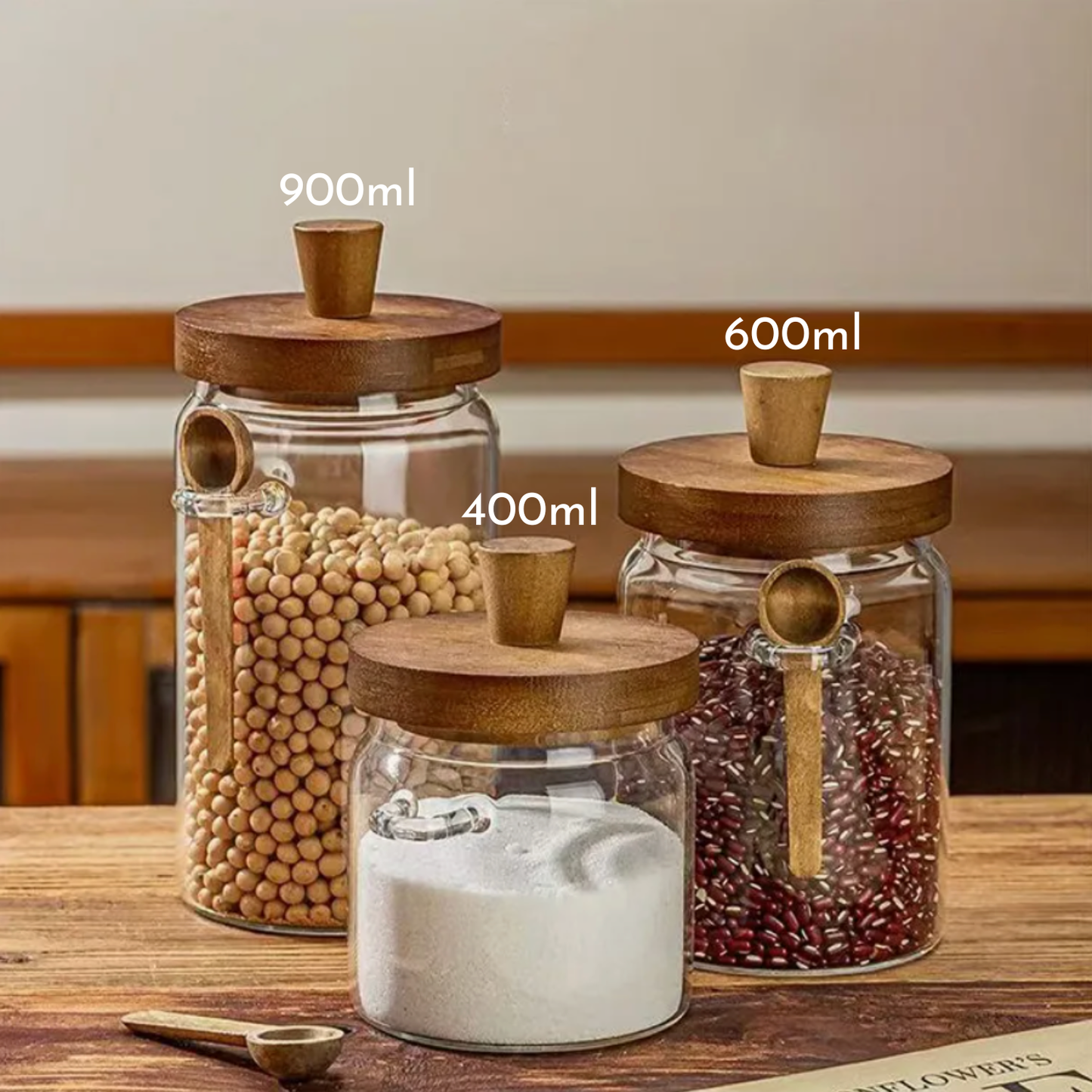 PREVENTA - Contenedores de Vidrio Tapa Madera y Cucharita 3un