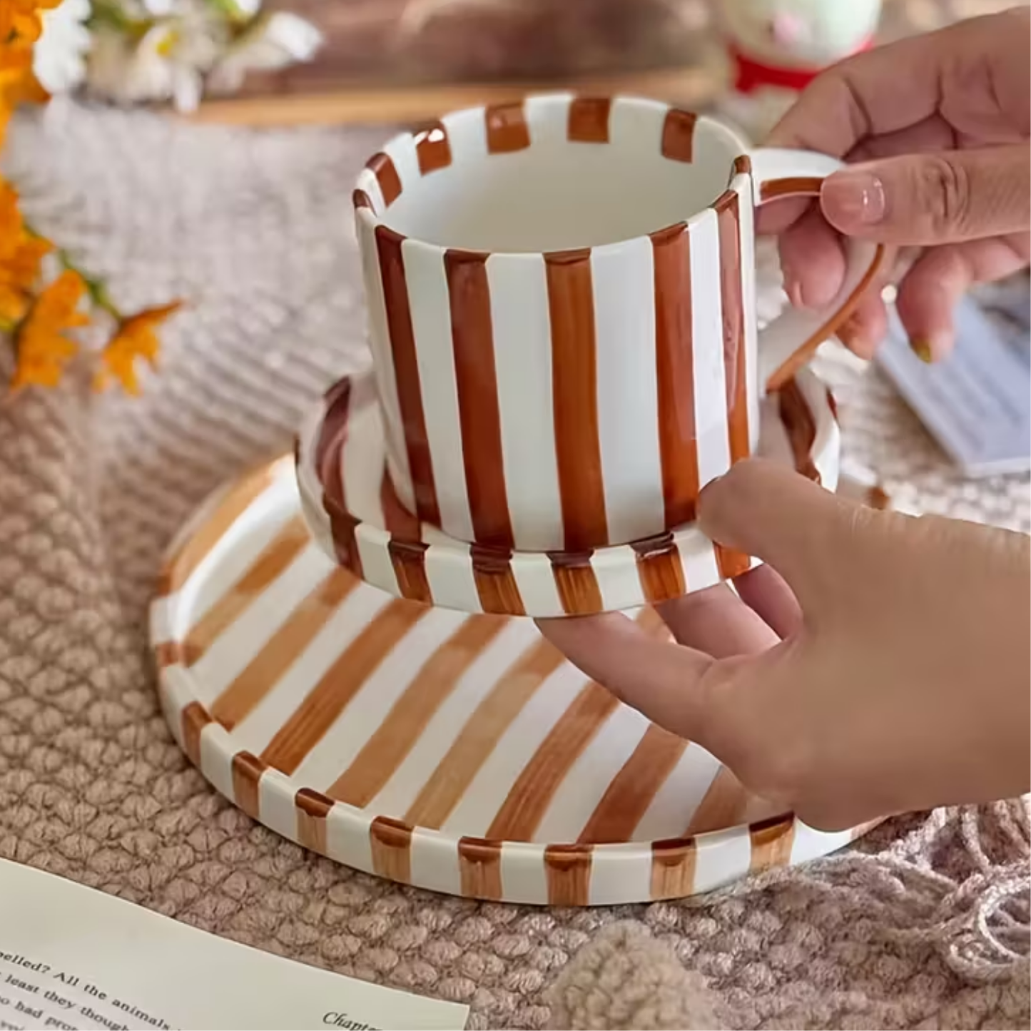 Set de Platos y Tazas Rayas Vintage Naranjo 3 un