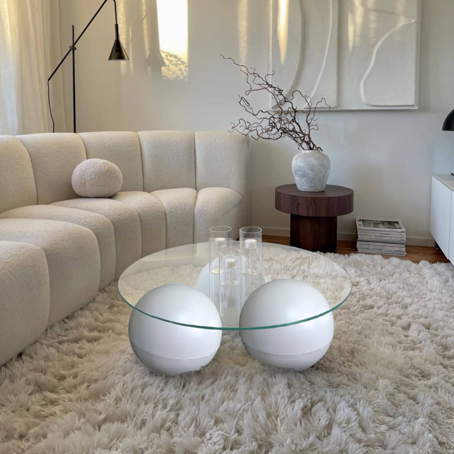 Mesa de Centro Redonda Trio Esferas Vidrio y Metal