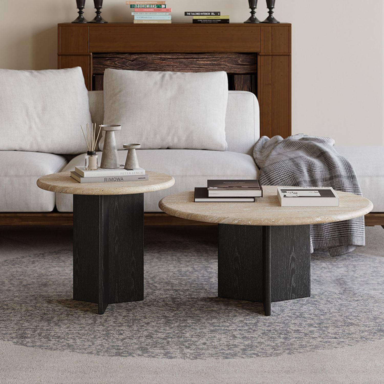 Mesa De Centro Doble Travertino Tono Wengue