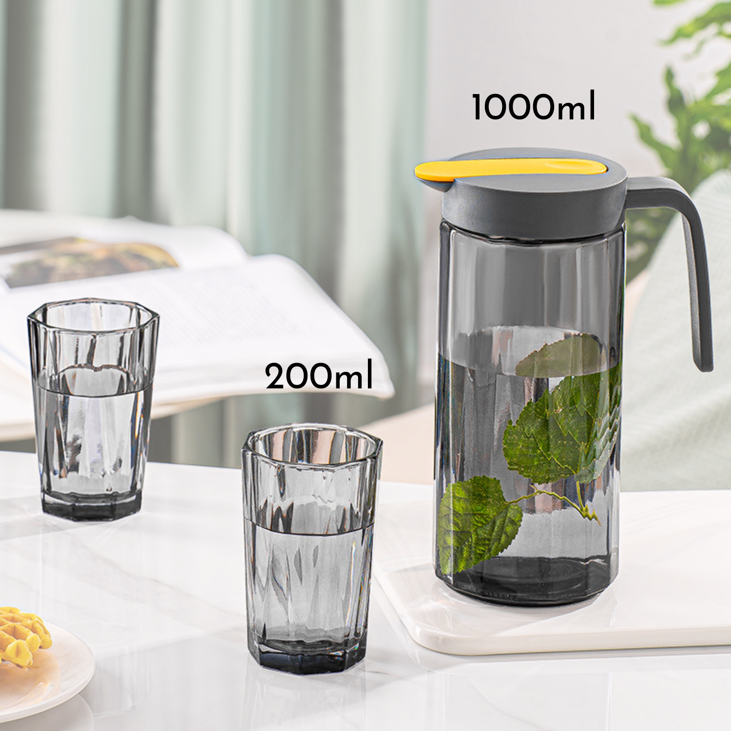 Jarra De Vidrio Dosificadora Y 4 Vasos Cocina Tetera