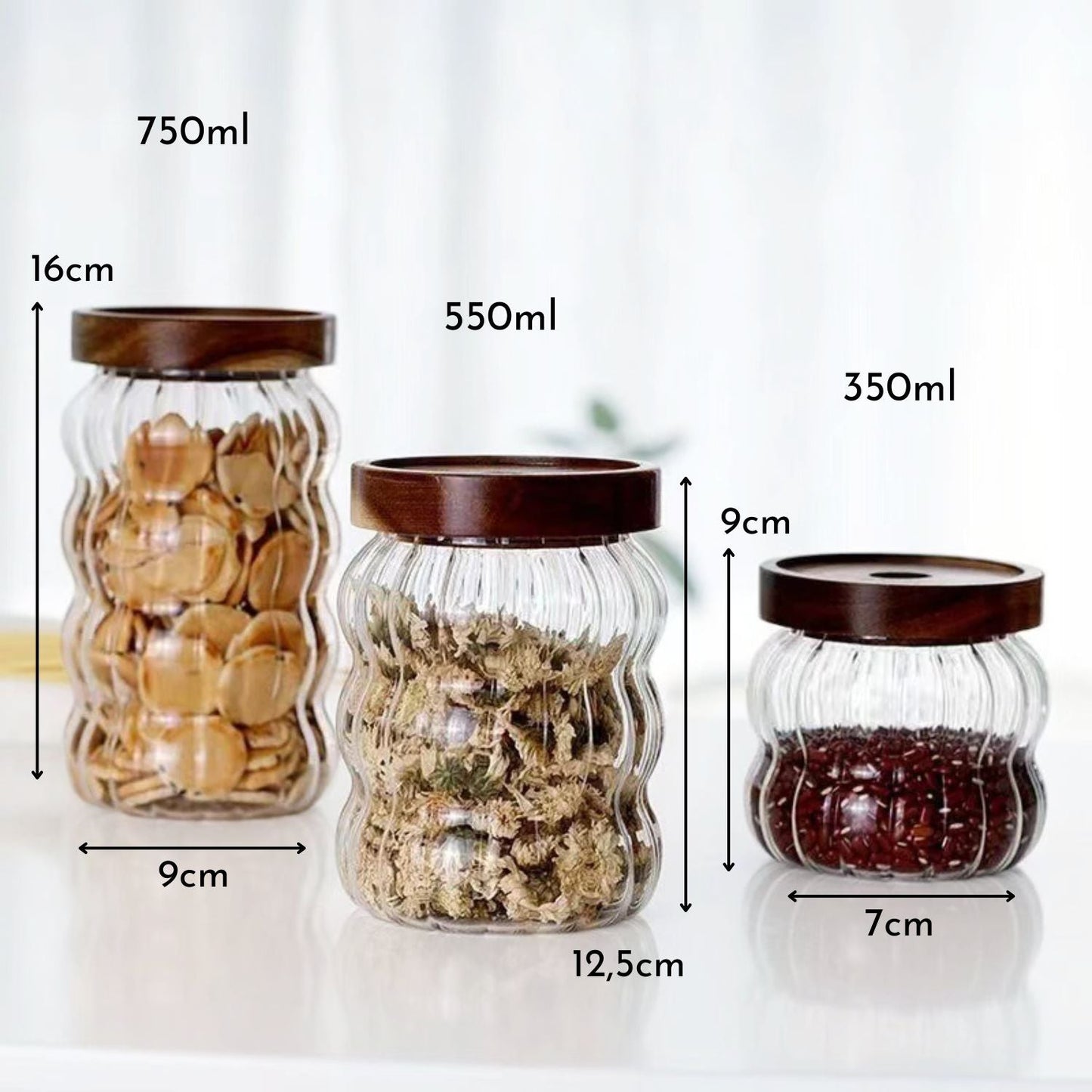 Frascos de Vidrio Tapa Madera y Ondas Set 3un