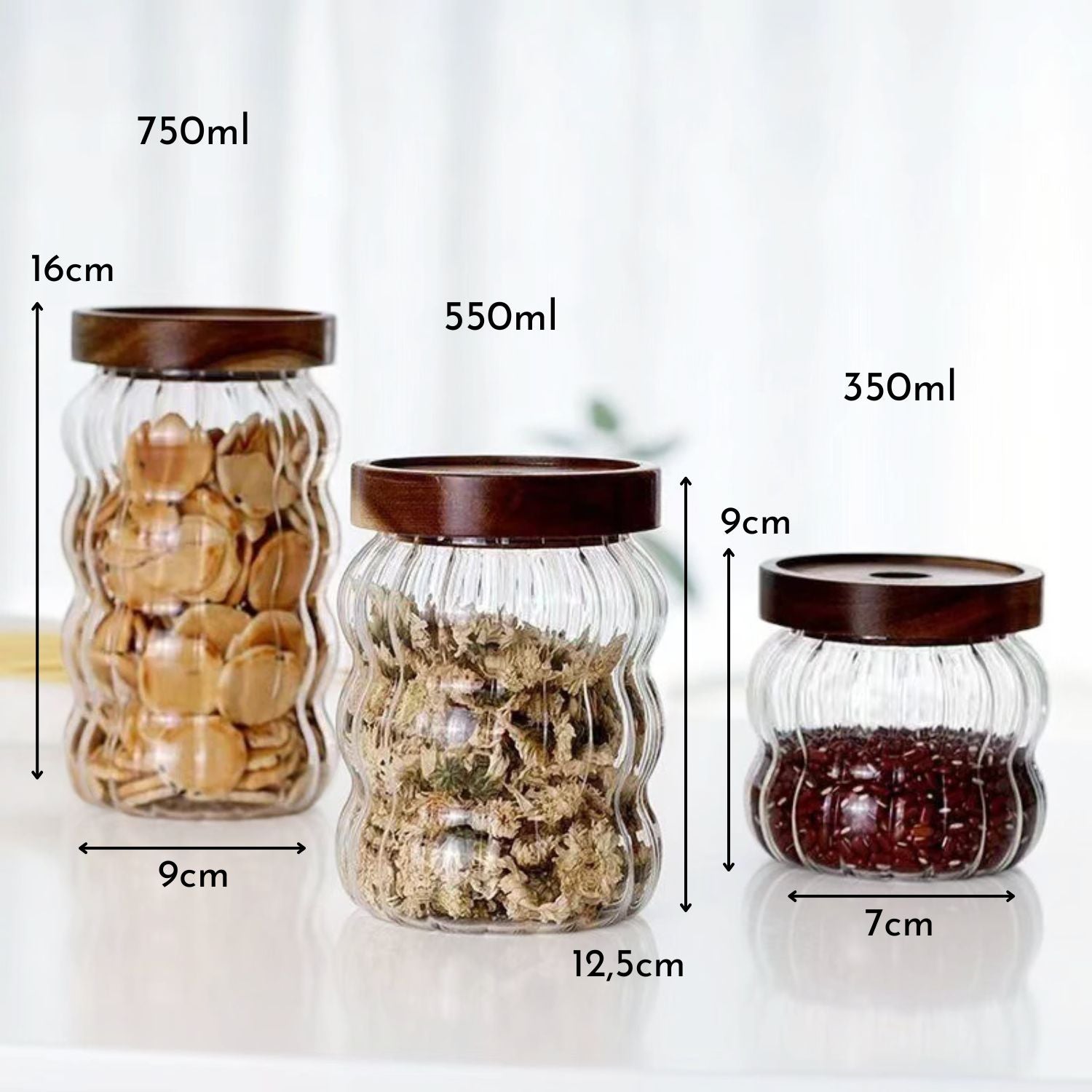 Frascos de Vidrio Tapa Madera y Ondas Set 3un