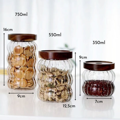 Frascos de Vidrio Tapa Madera y Ondas Set 3un