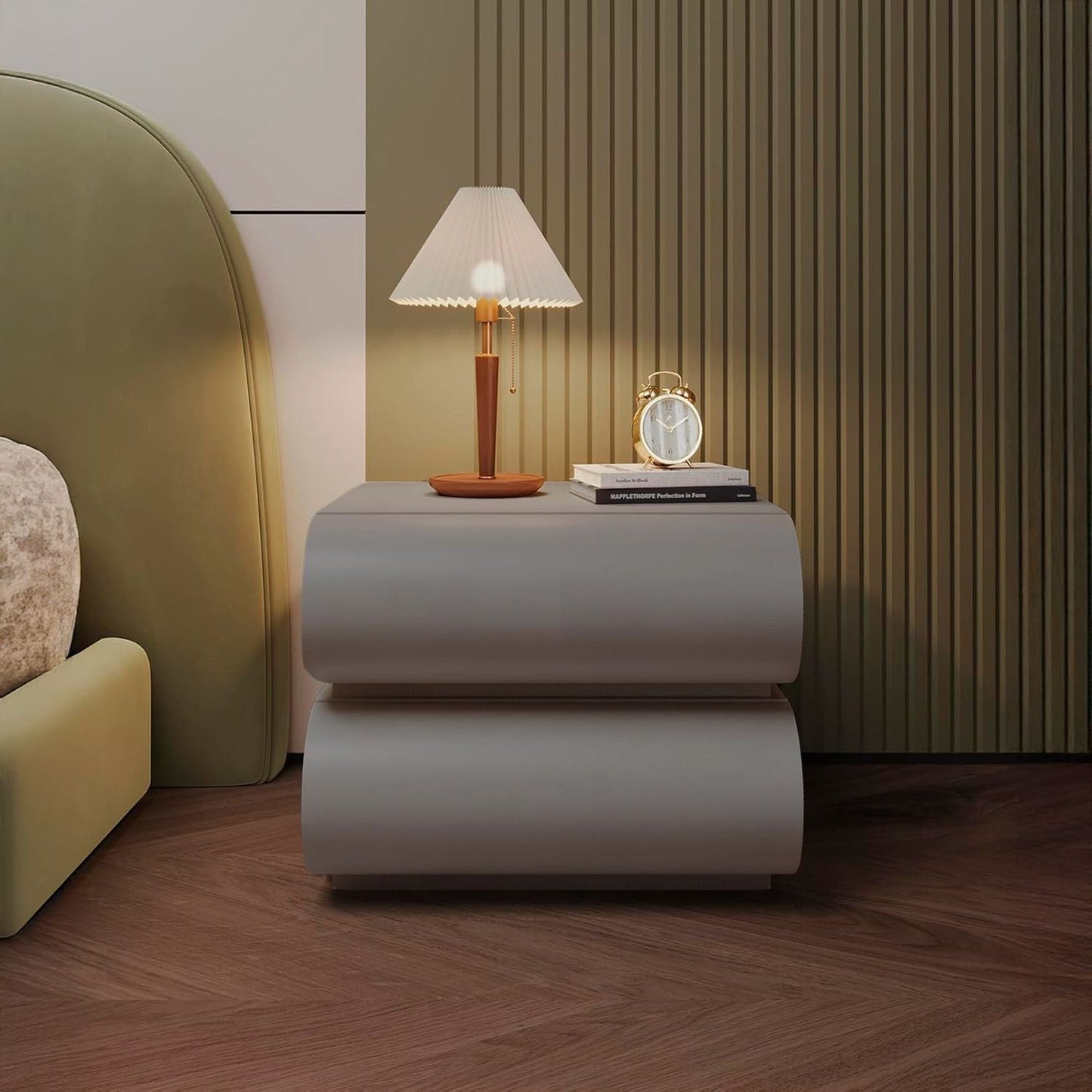 Velador Minimalista Gris Claro Doble Cajon