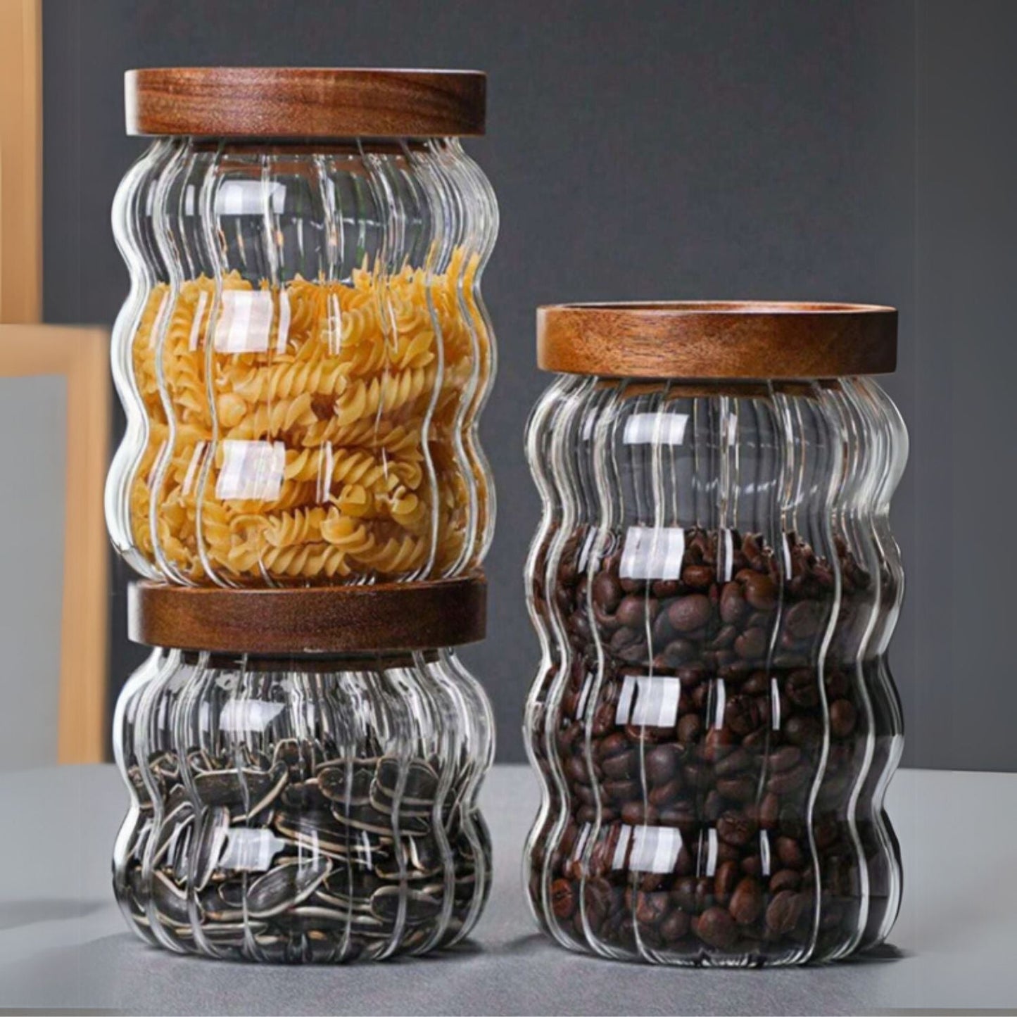 Frascos de Vidrio Tapa Madera y Ondas Set 3un
