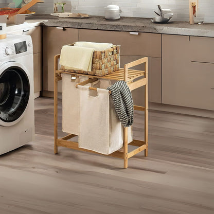Cesto Lavandería Doble Bambú para Ropa Beige