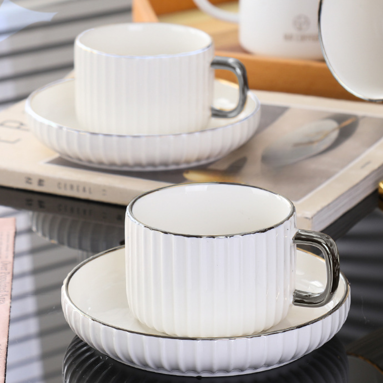 Juego De Té Café Set De Tazas Y Platos Con Soporte Plateado Blanco