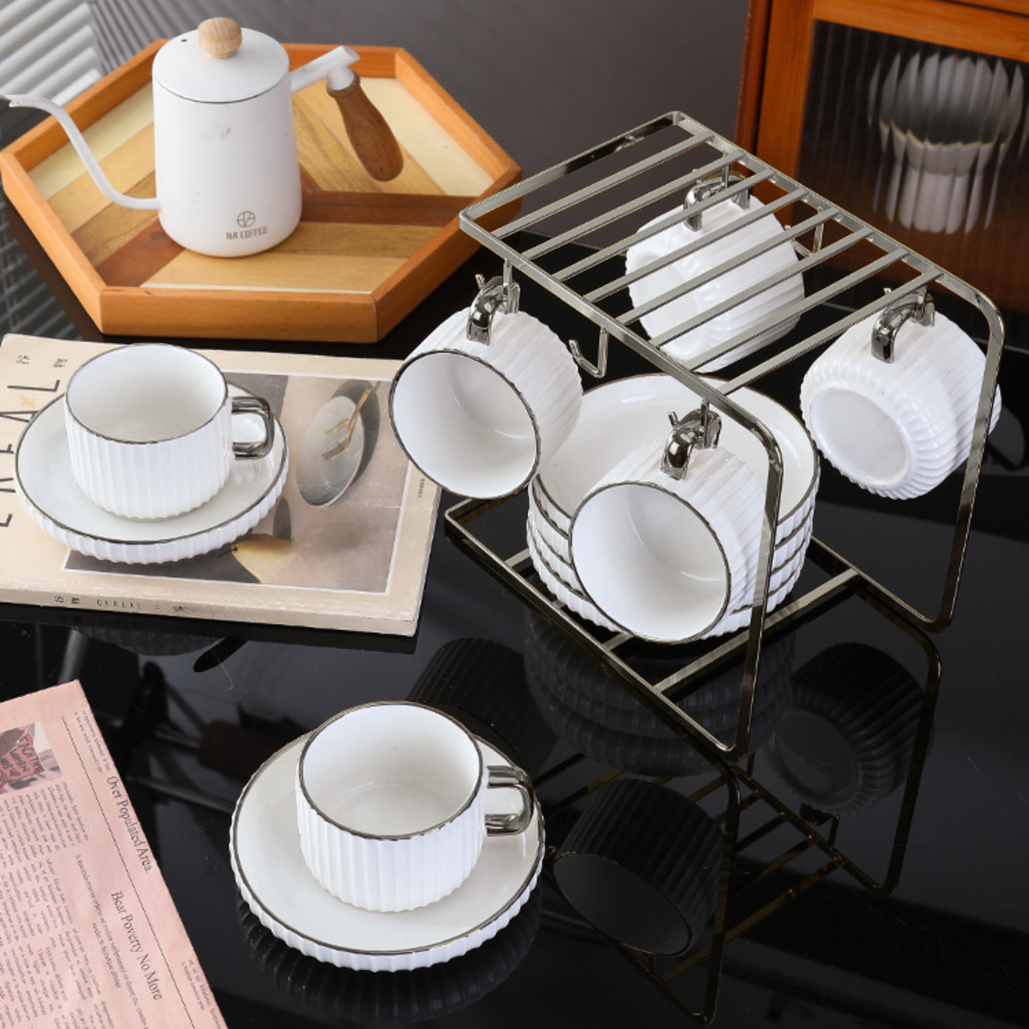 Juego De Té Café Set De Tazas Y Platos Con Soporte Plateado Blanco