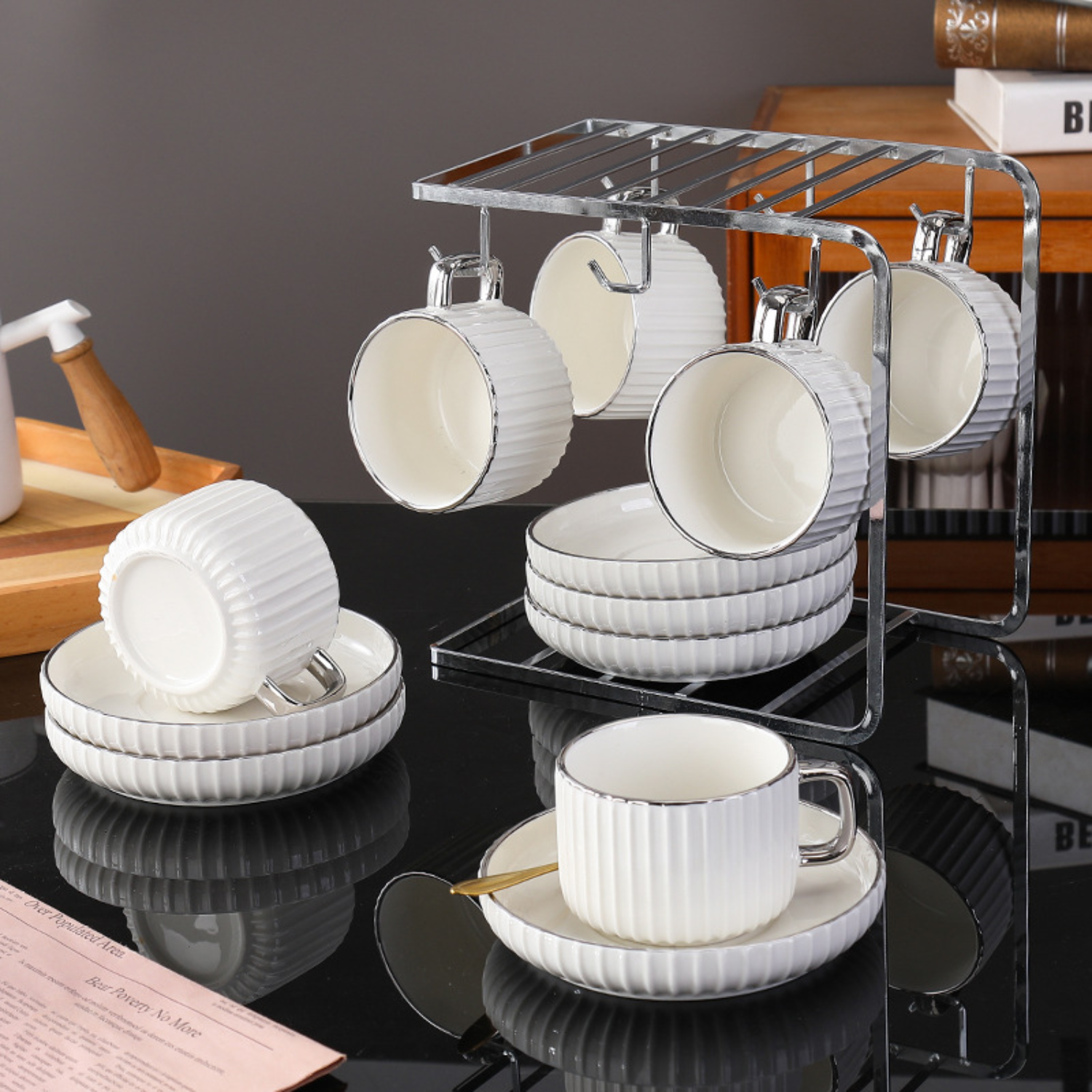 PREVENTA - Set Café Tazas y Platos 230ml Lineas Plateado 6un