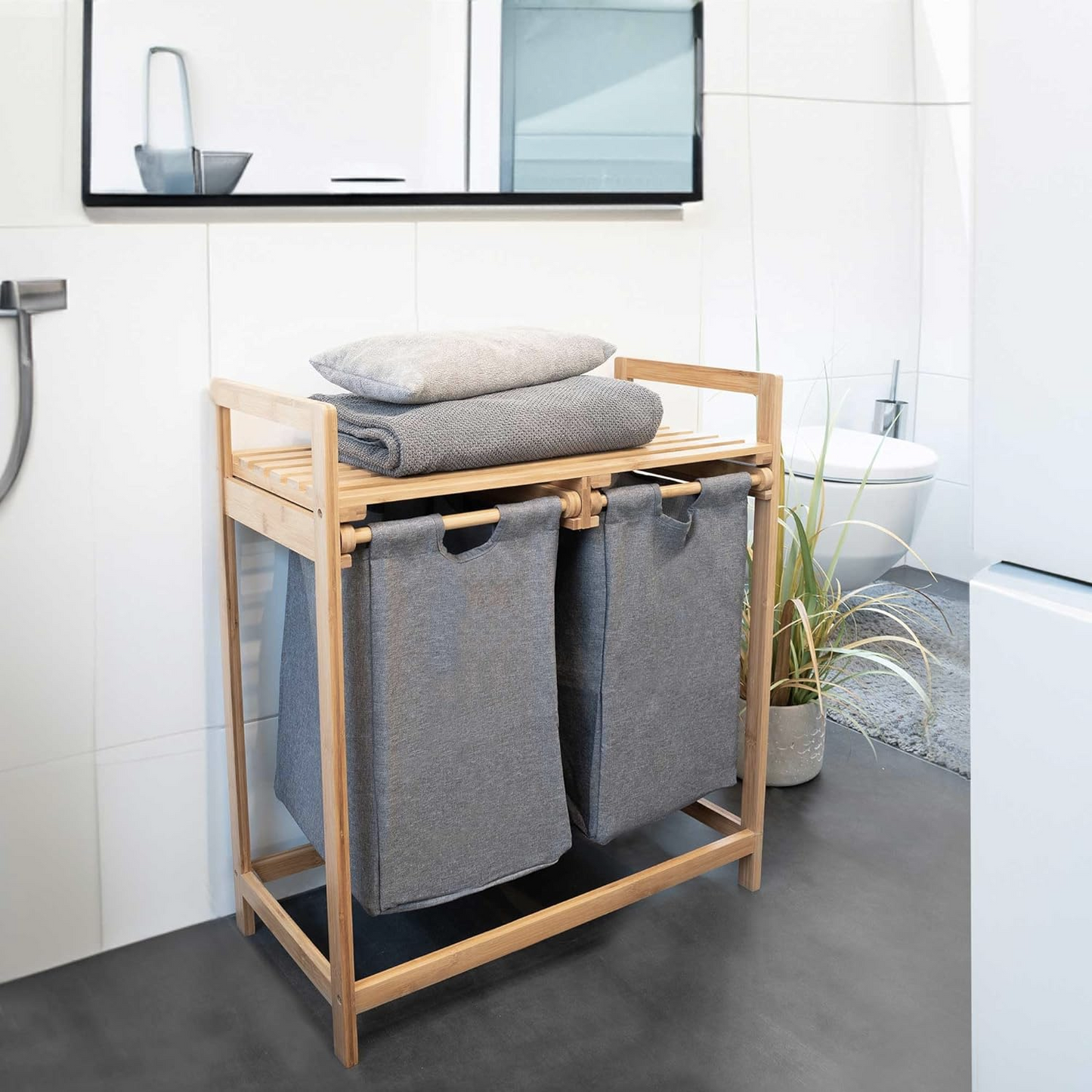 Cesto Lavandería Estante Doble Bambú para Ropa Gris