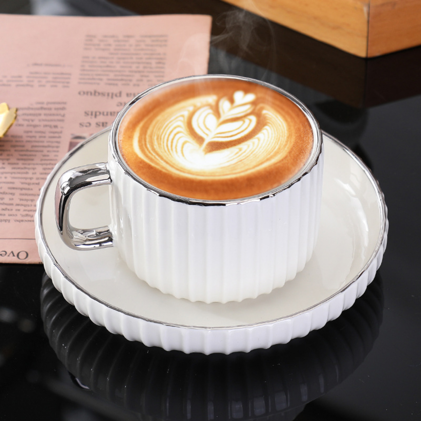 Set Café Tazas y Platos 230ml Lineas Plateado 6un