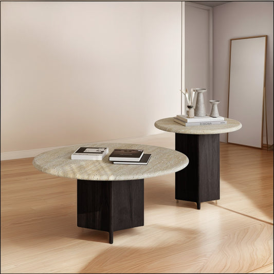 Mesa De Centro Doble Travertino Wengue