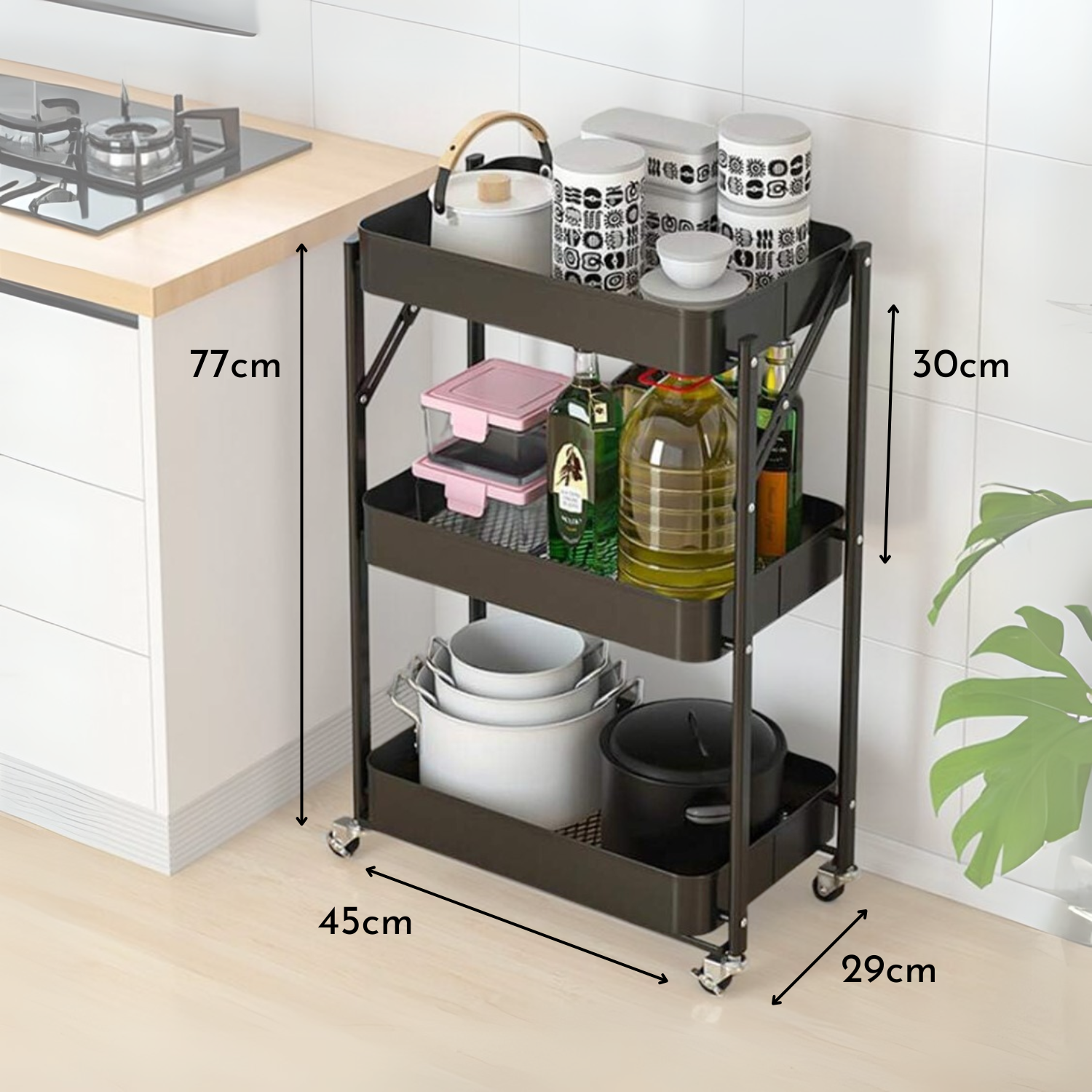 Carrito Organizador Plegable de 3 Niveles Negro