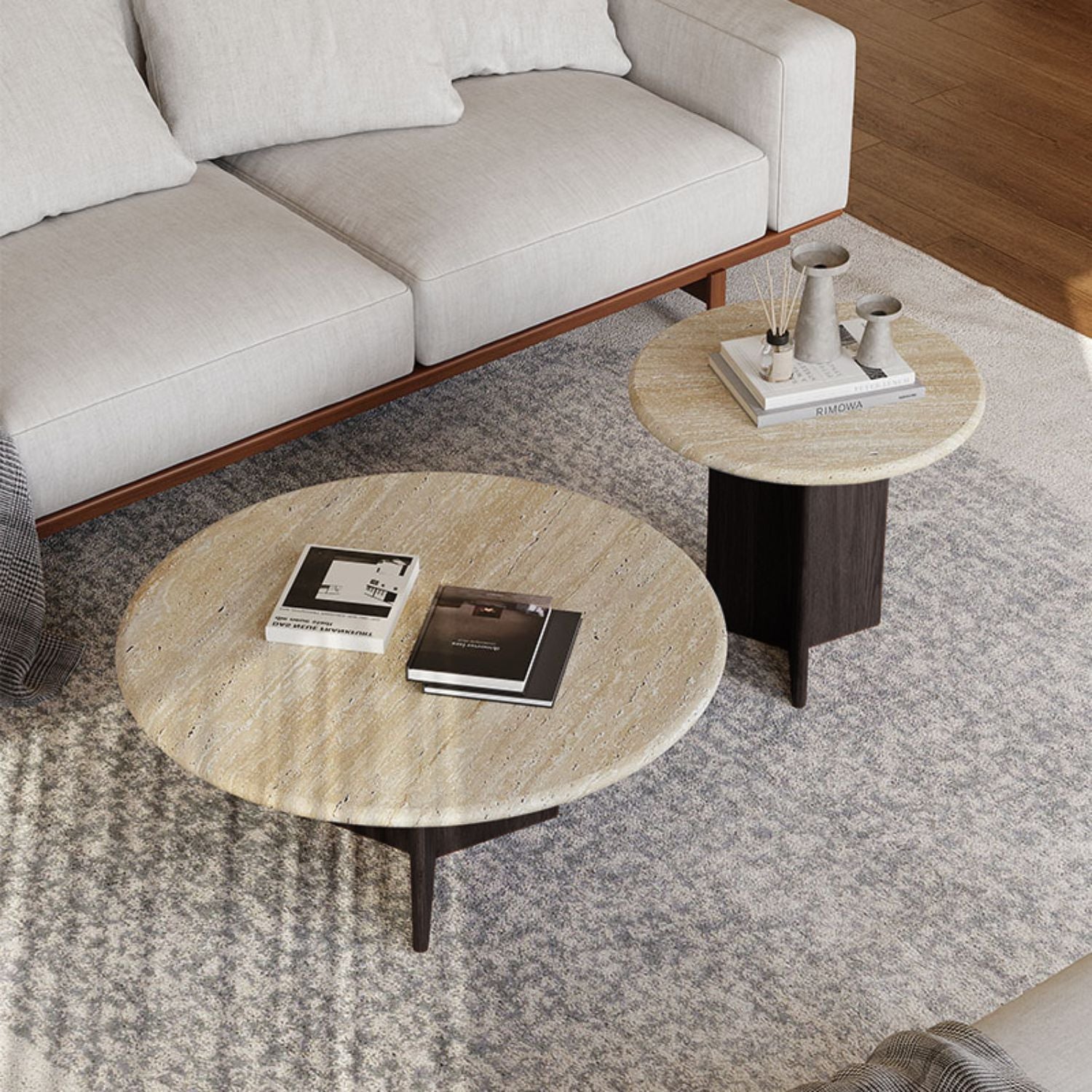 Mesa De Centro Doble Travertino Tono Wengue