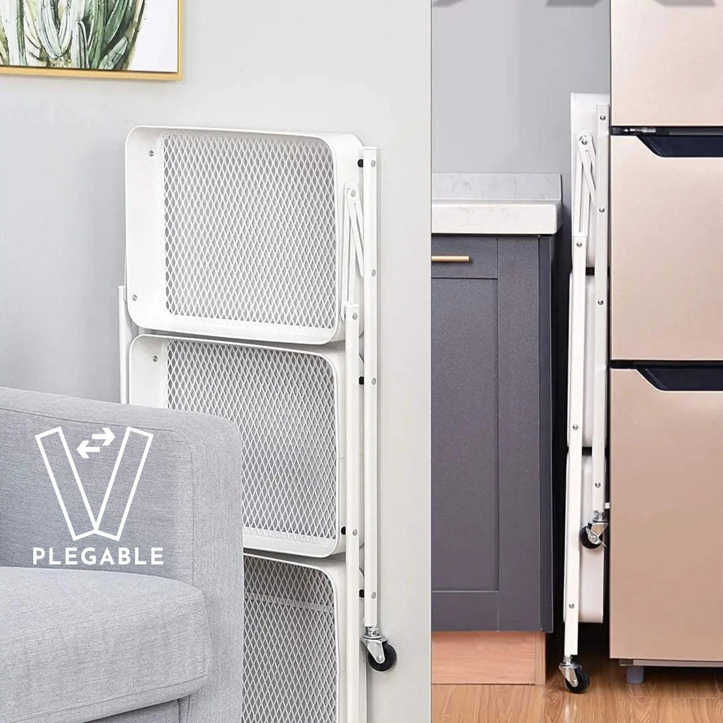 Carrito Organizador Plegable de 3 Niveles Blanco