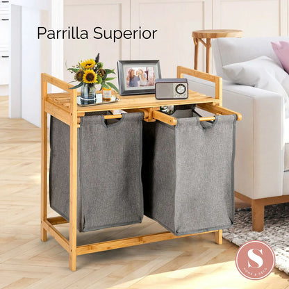 Cesto Lavandería Estante Doble Bambú para Ropa Gris