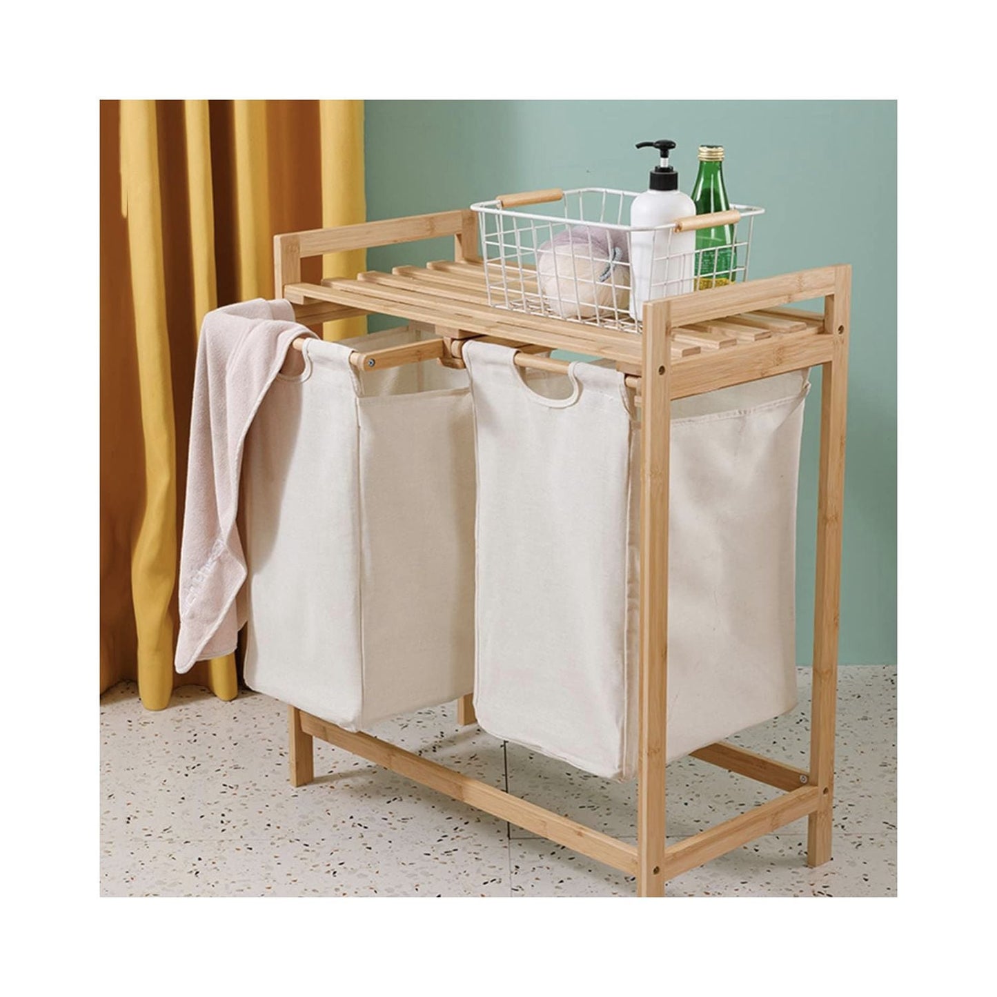 Cesto Lavandería Doble Bambú para Ropa Beige