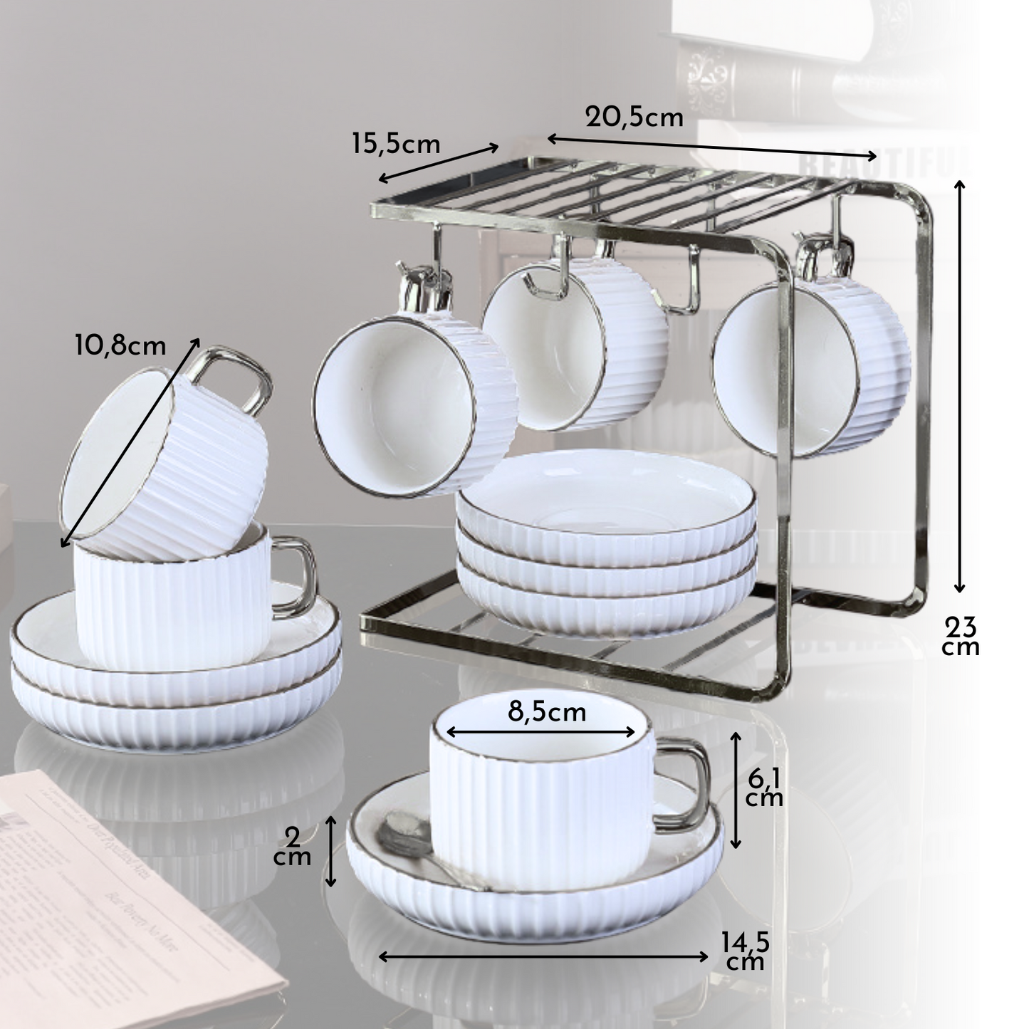 Set Café Tazas y Platos 230ml Lineas Plateado 6un