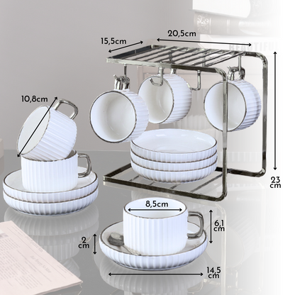 Set Café Tazas y Platos 230ml Lineas Plateado 6un