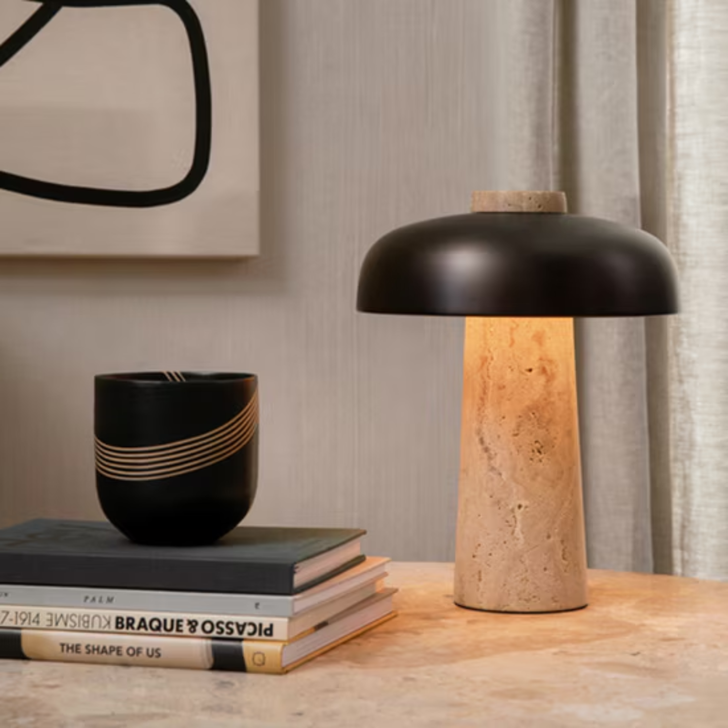 PREVENTA - Lámpara Led Negro De Piedra Travertino Mesa Y Deco