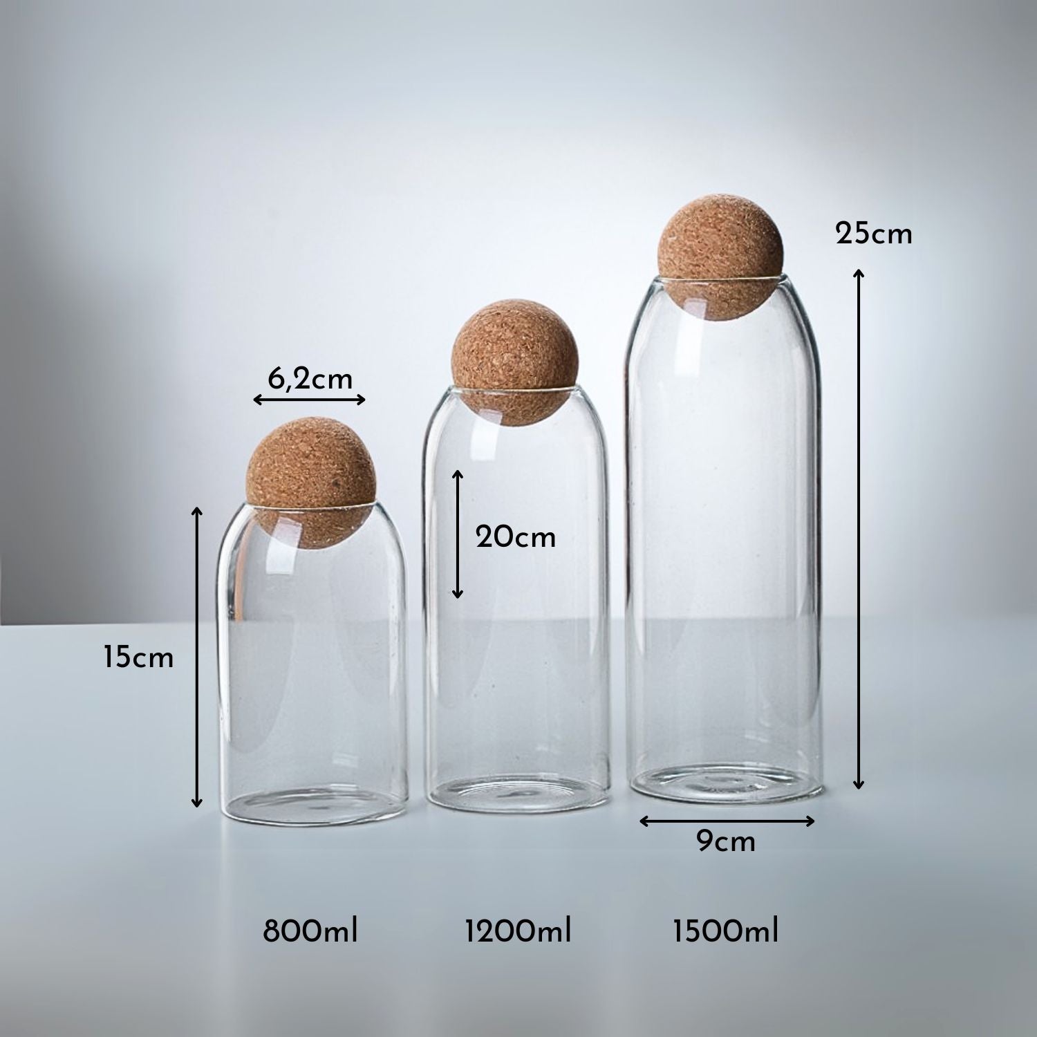 Contenedor de Vidrio y Tapa de Corcho Set 3un