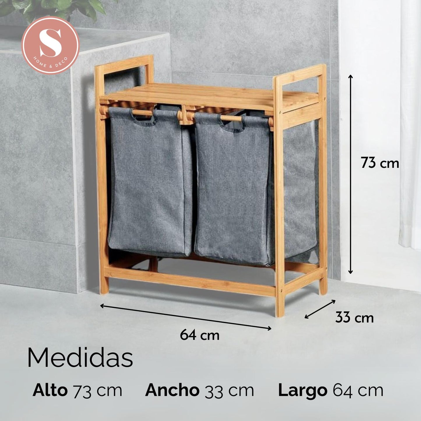 Cesto Lavandería Estante Doble Bambú para Ropa Gris