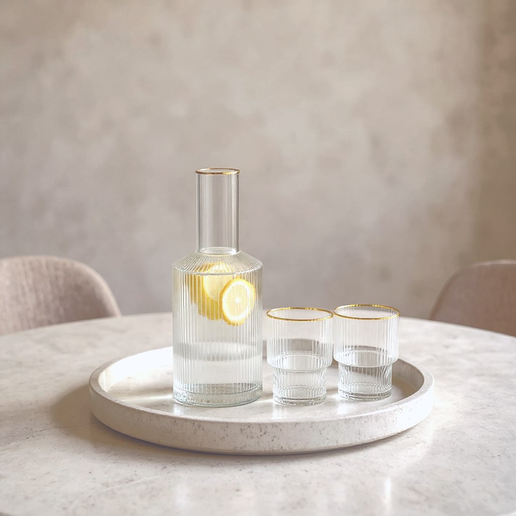 Jarra de Vidrio y 4 Vasos Estilo Europeo Dorado